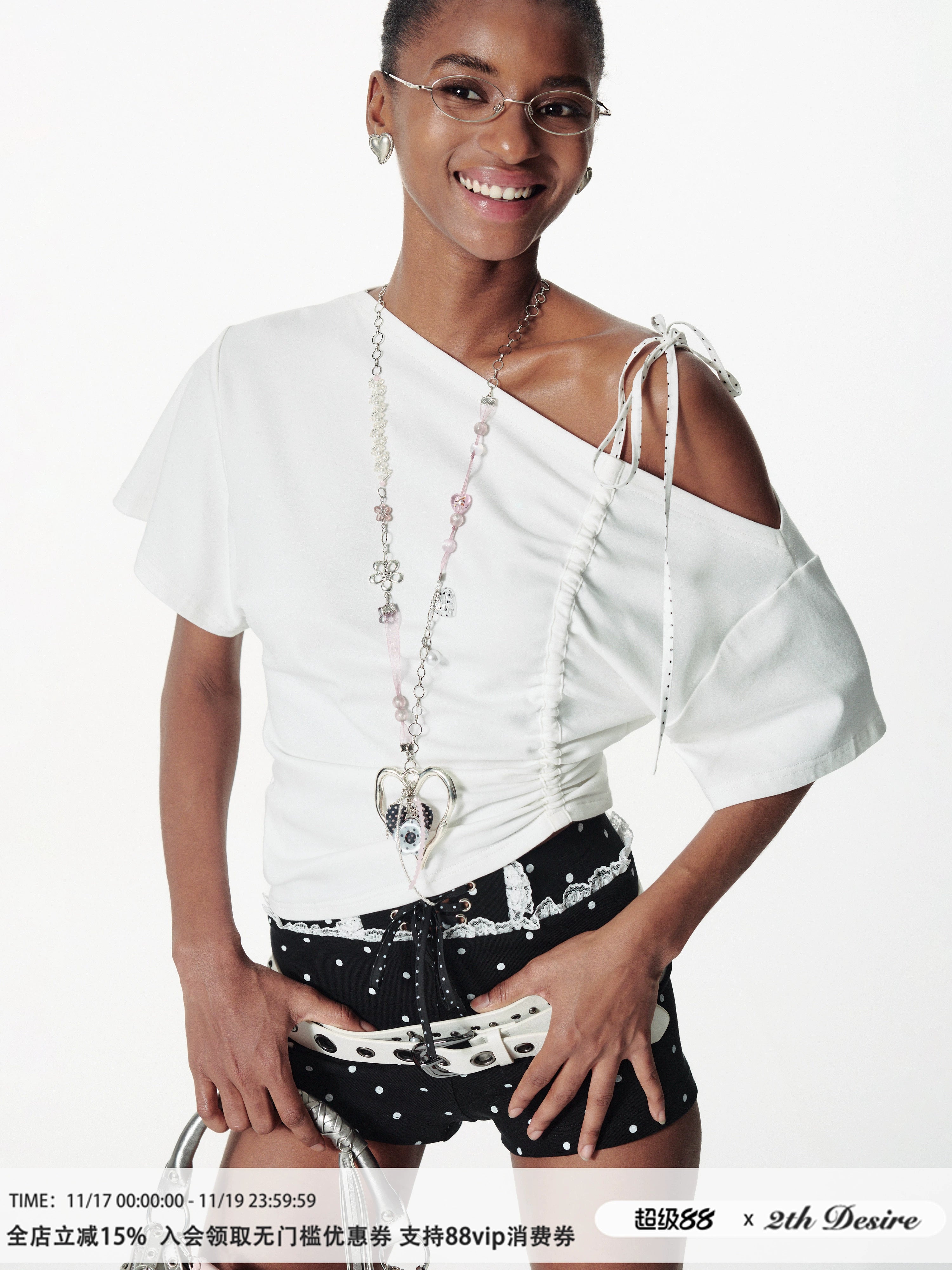 2th Desire斜肩撞色波点抽绳绑带拼接宽松蝙蝠袖柔软T恤上衣女