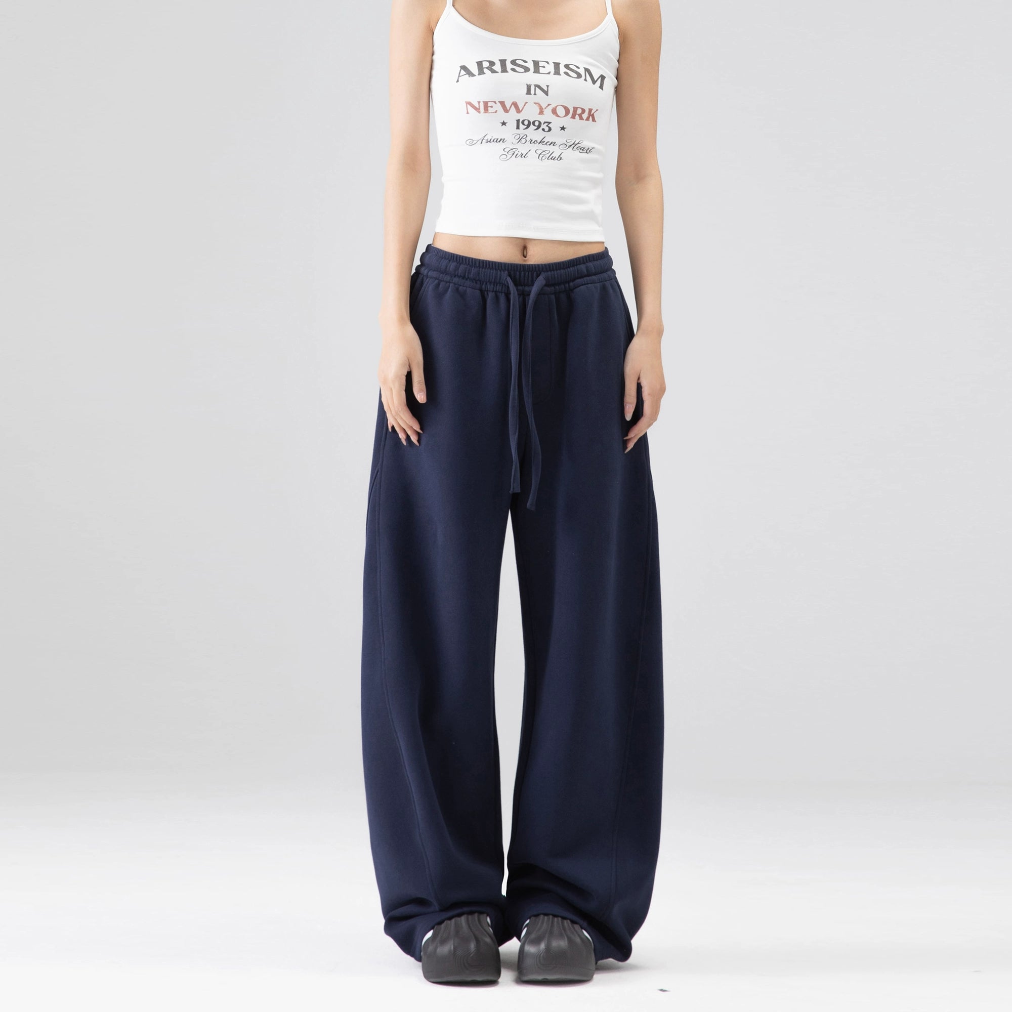 ICH MODE 美式加绒卫裤运动裤女秋冬新款宽松阔腿休闲裤弯刀裤子