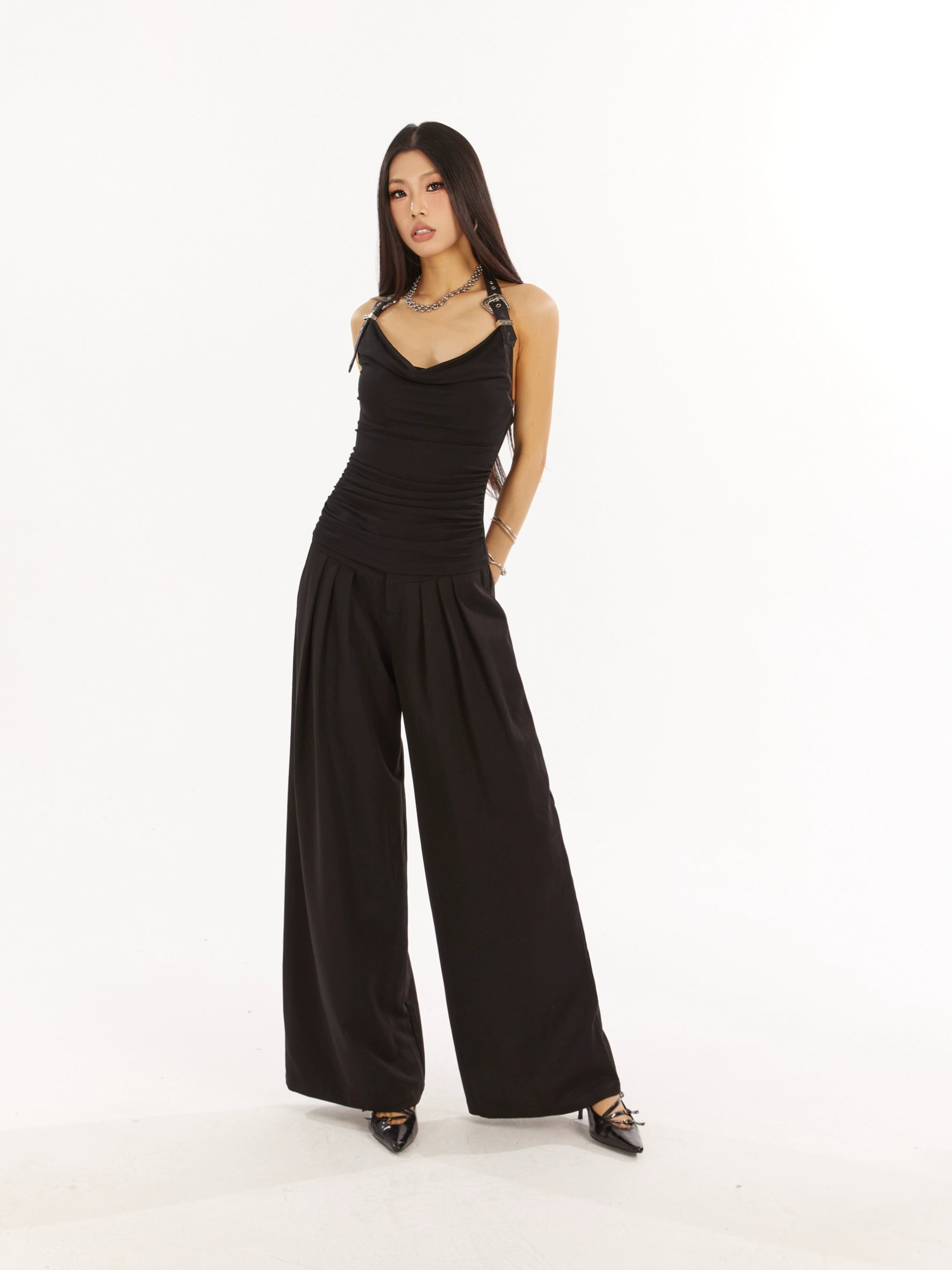 野生zero黑色无袖挂脖背心女夏季外穿设计感小众辣妹修身荡领上衣