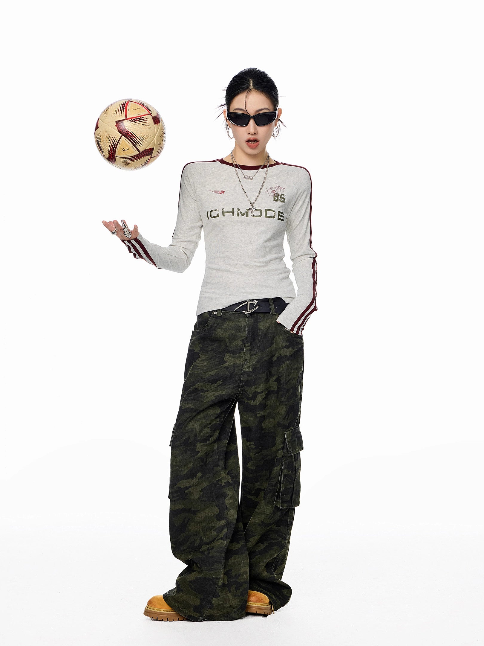 ICH MODE 美式复古正肩长袖T恤女秋冬新款修身运动正肩上衣打底衫