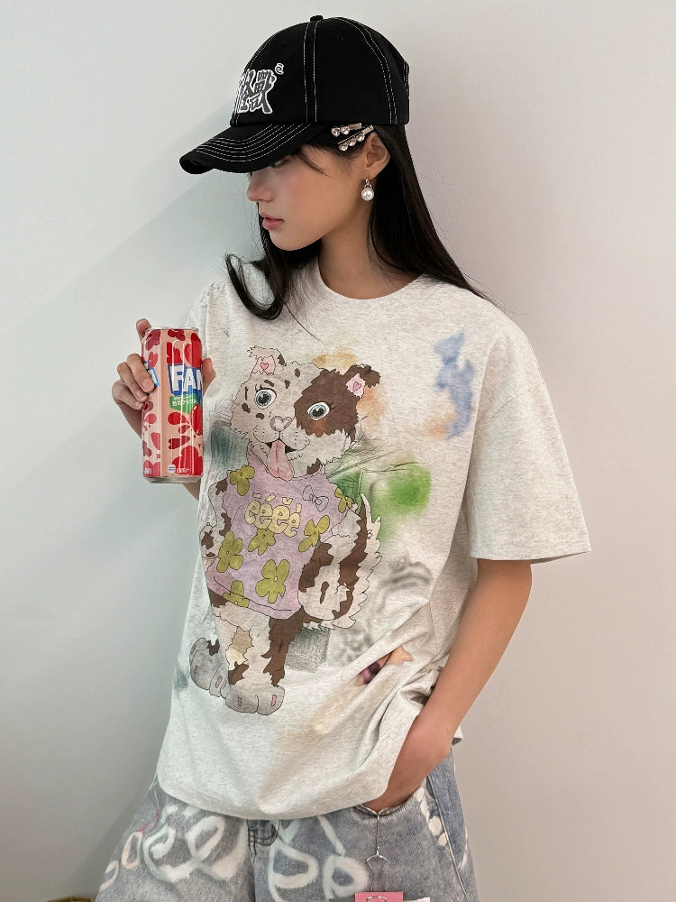 “陨石小狗”| eeee红陨石边牧涂鸦短袖宽松小众设计感手绘T恤夏