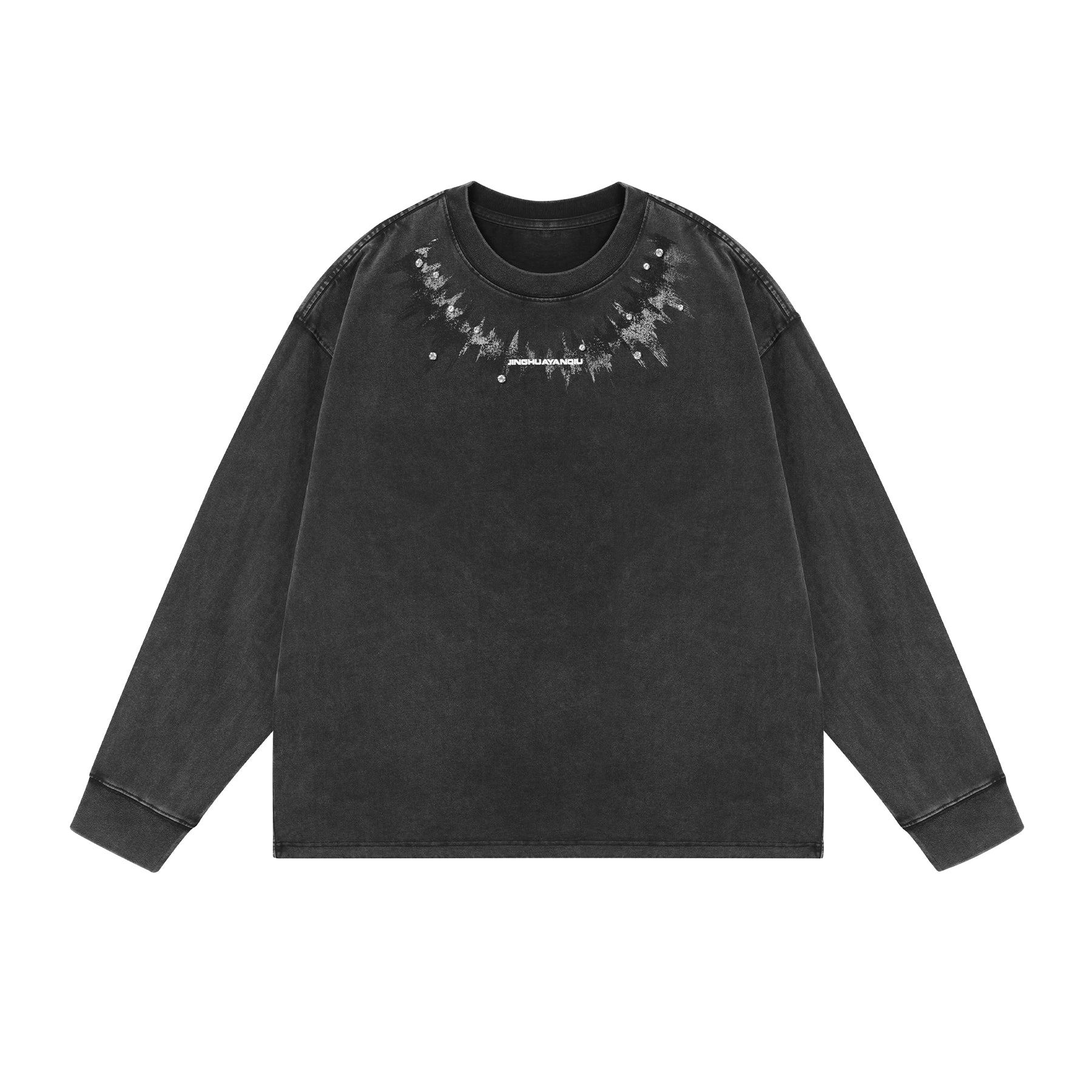 脉冲波丨JHYQ美式复古印花水洗重磅320g长袖T恤男宽松镶钻卫衣衫