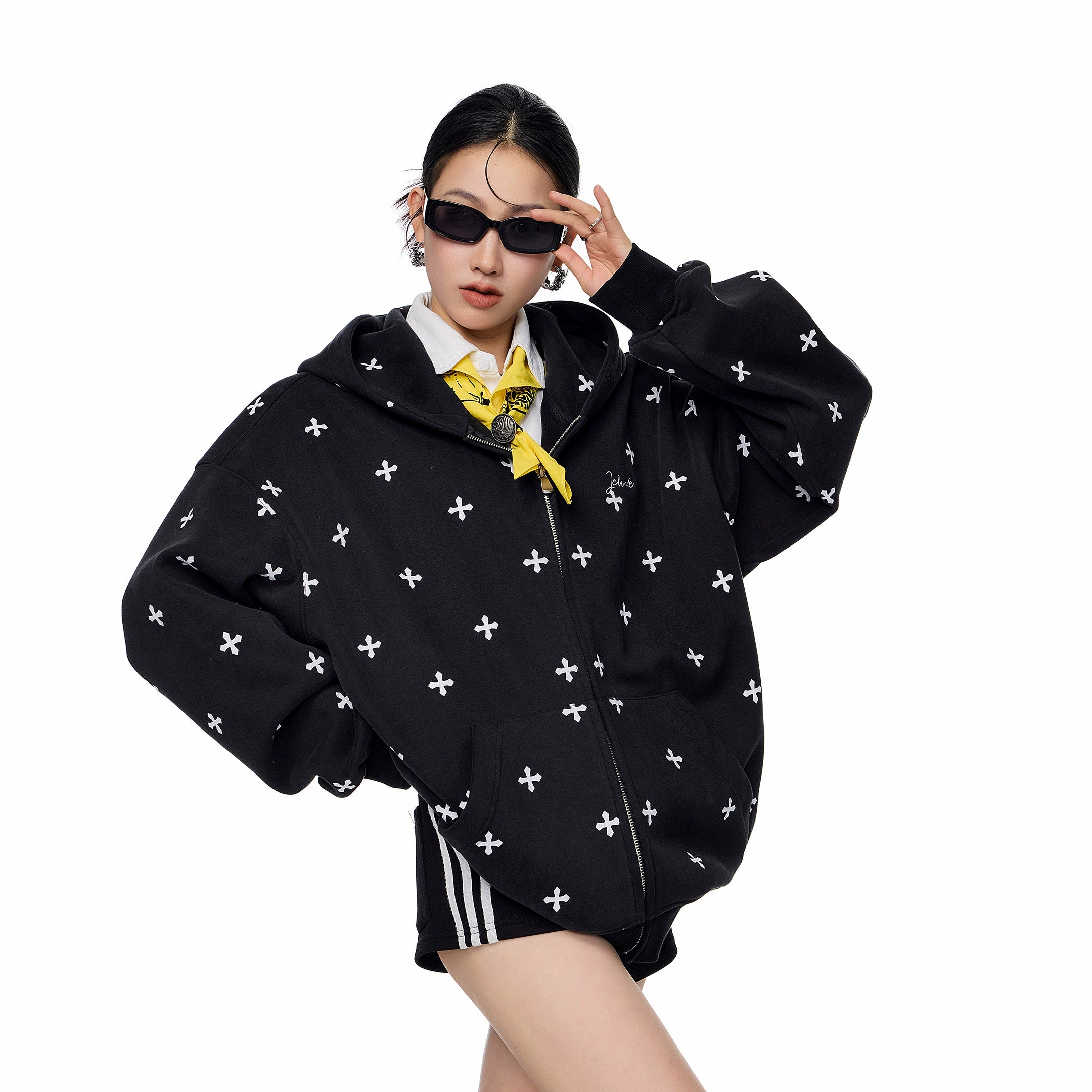 ICH MODE 美式复古满印十字架连帽卫衣外套女秋冬季拉链上衣开衫