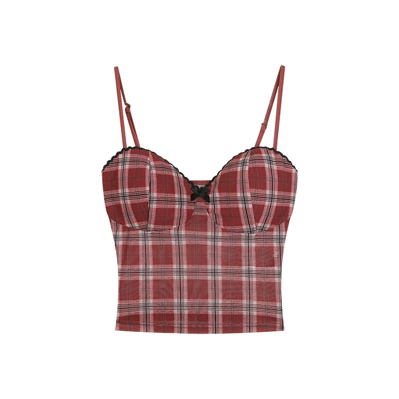 野生zerocircle黑红色格子吊带胸垫背心内搭女春夏季辣妹网纱上衣