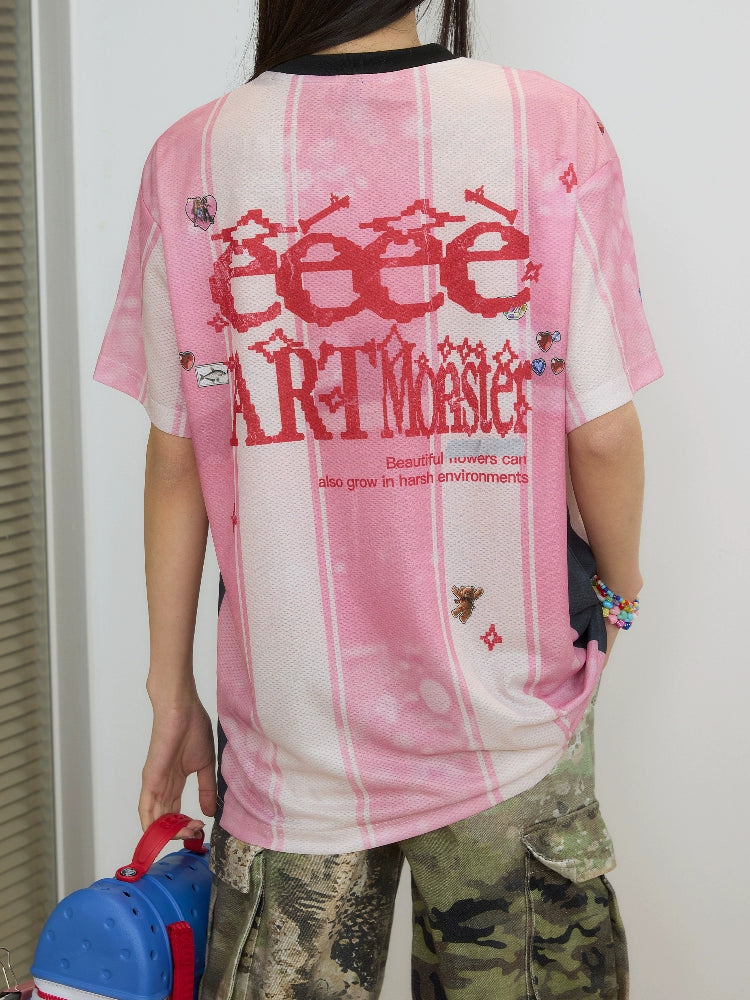 “纪念日”| eeee粉色日历条纹贴纸运动风球衣复古撞色短袖T恤夏