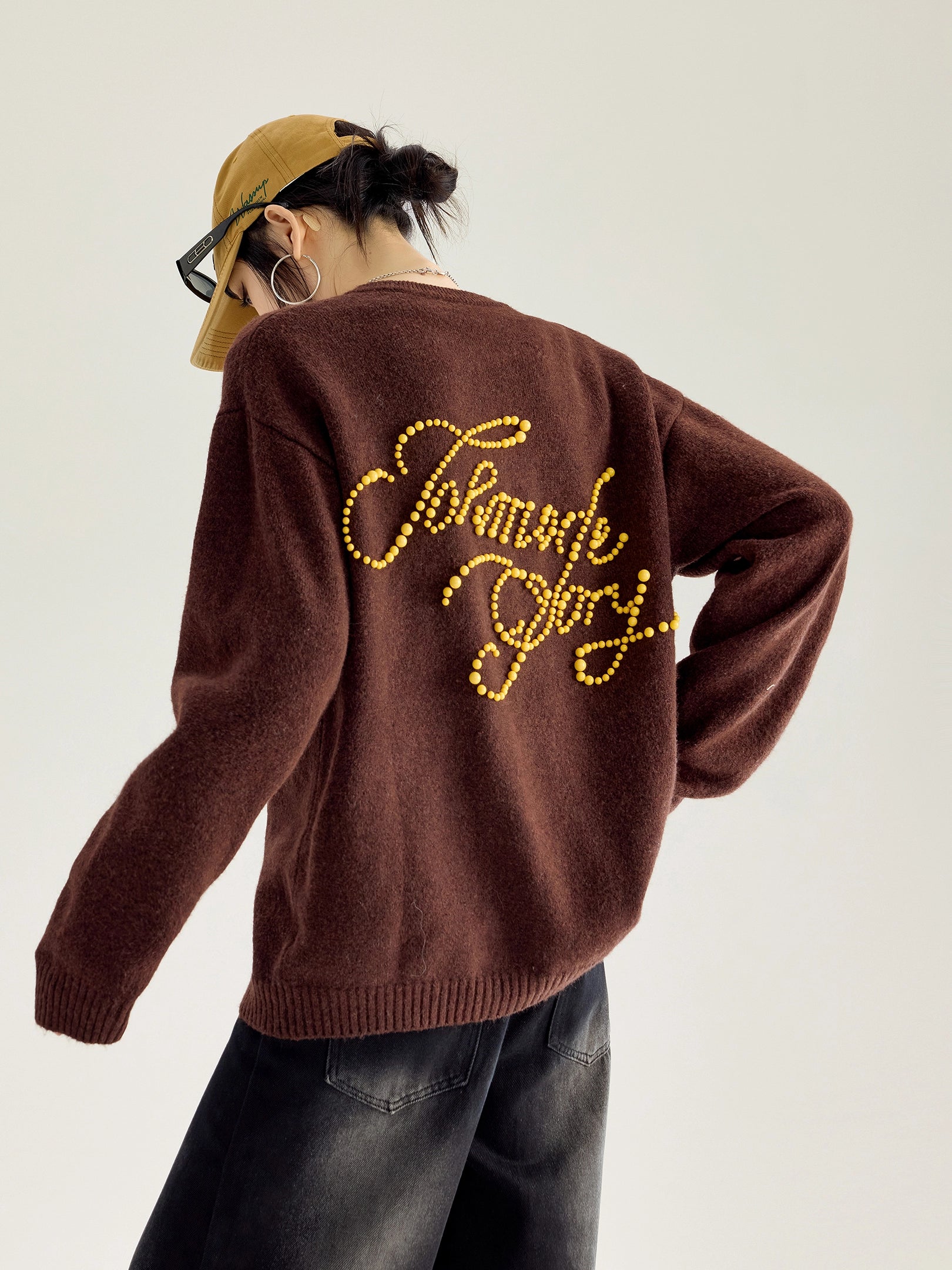 ICH MODE 美式复古珍珠刺绣毛针织开衫女秋冬季百搭休闲毛衣外套