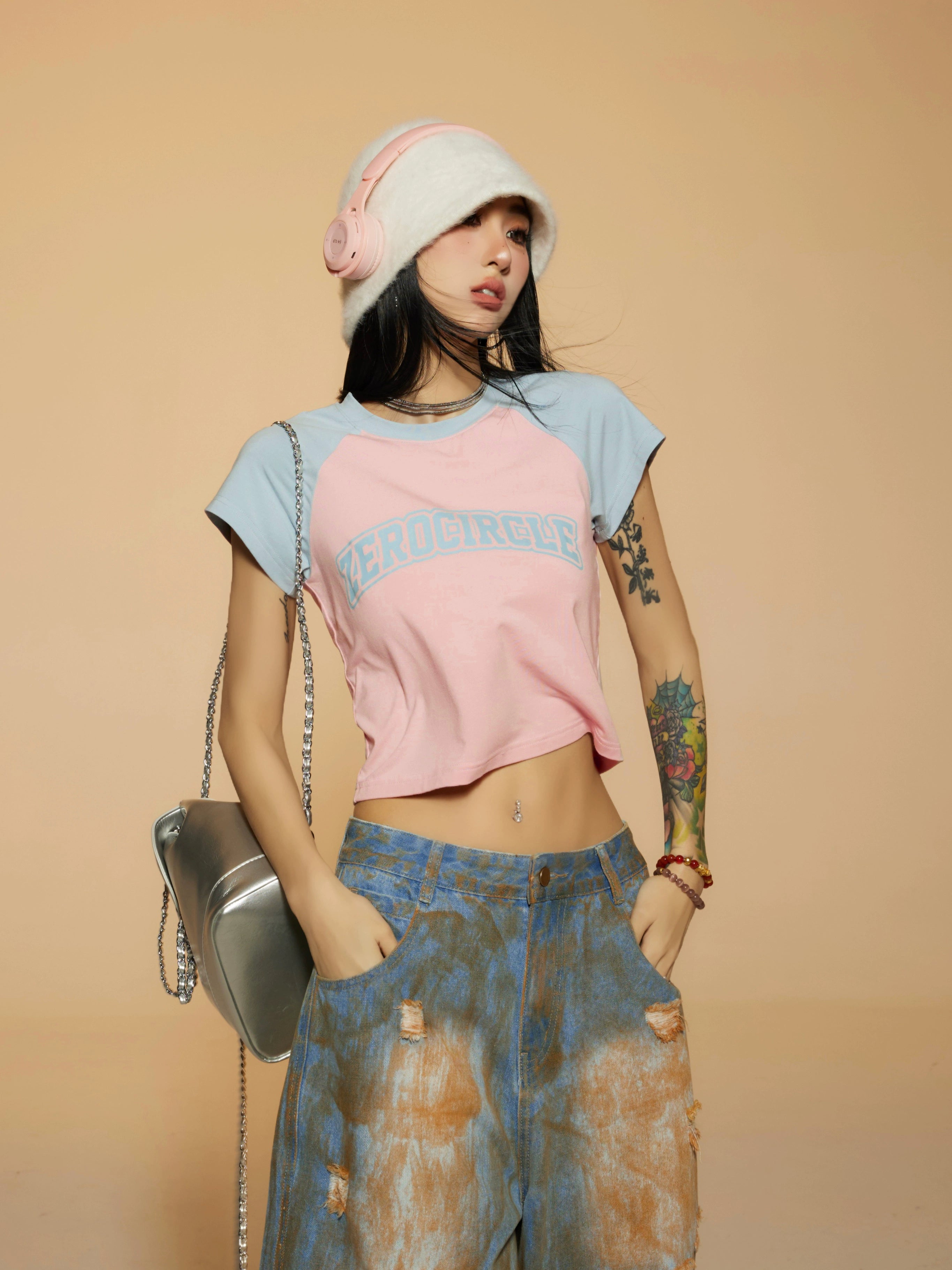 野生zerocircle 撞色插肩短袖t恤女春夏辣妹韩系宽松显瘦短款上衣