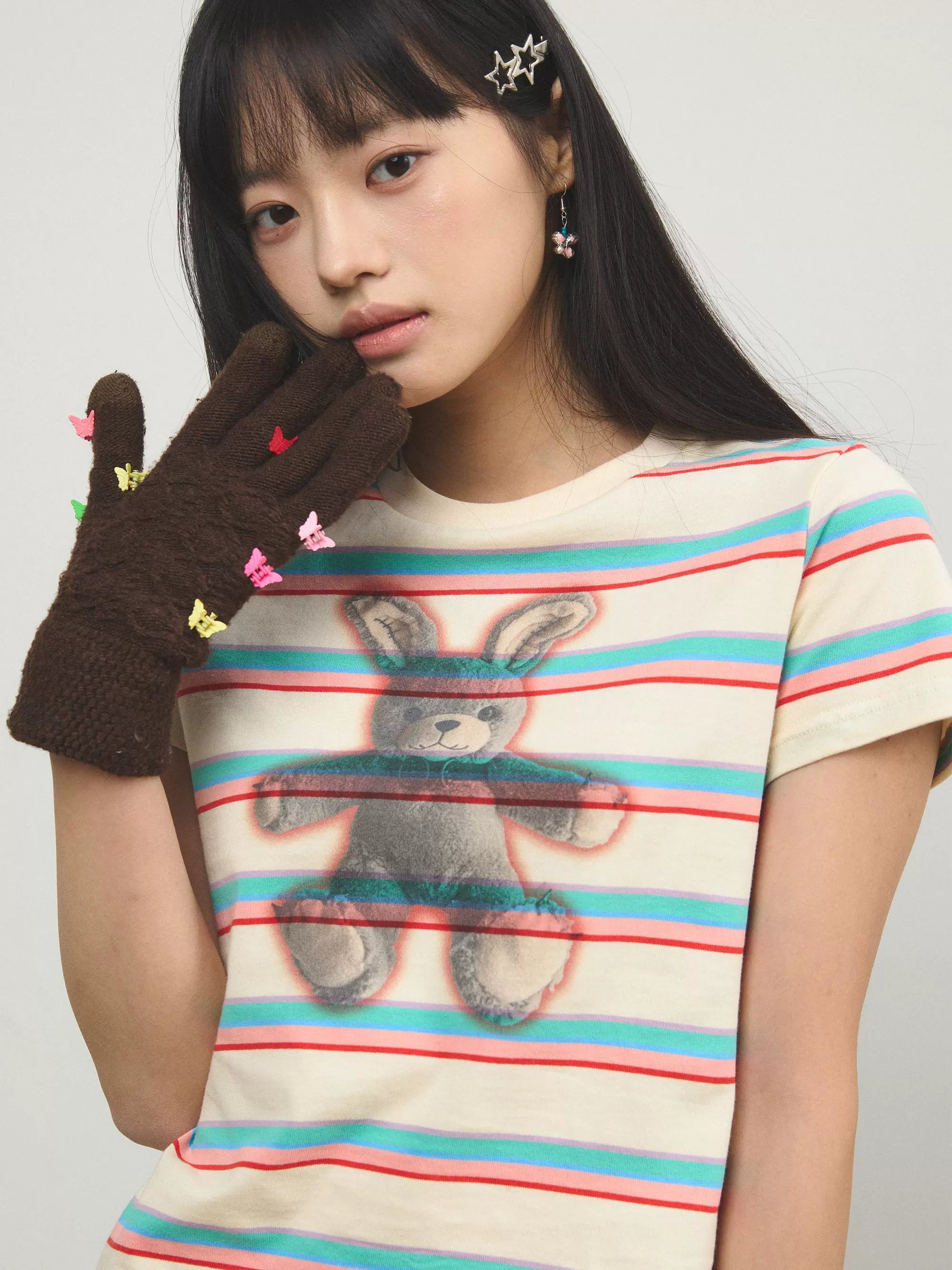 “莱贝特”| eeee朋克兔子T恤短款小众条纹Y2K辣妹风小众打底短恤