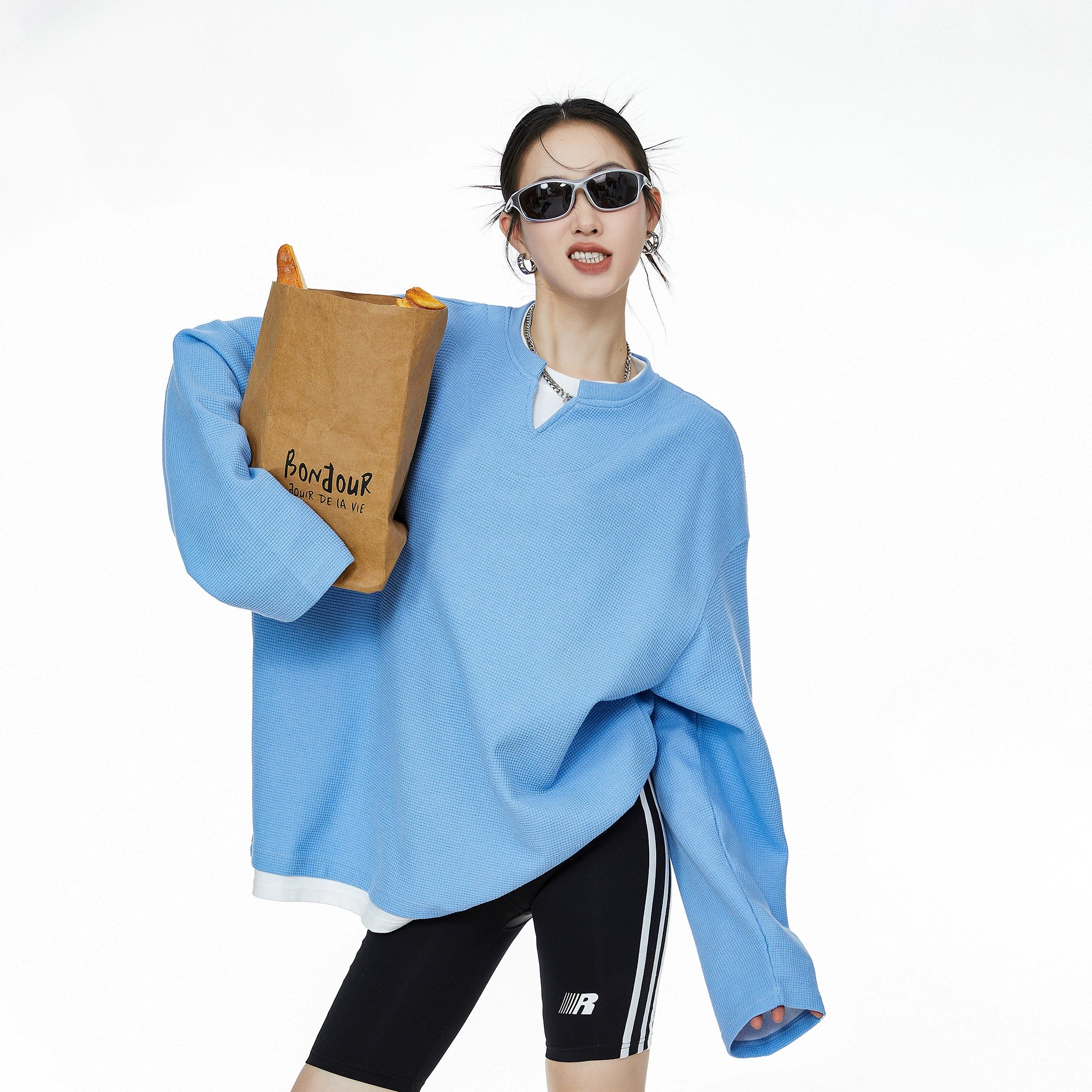 ICH MODE 美式复古假两件华夫格卫衣女秋冬宽松长袖休闲上衣外套