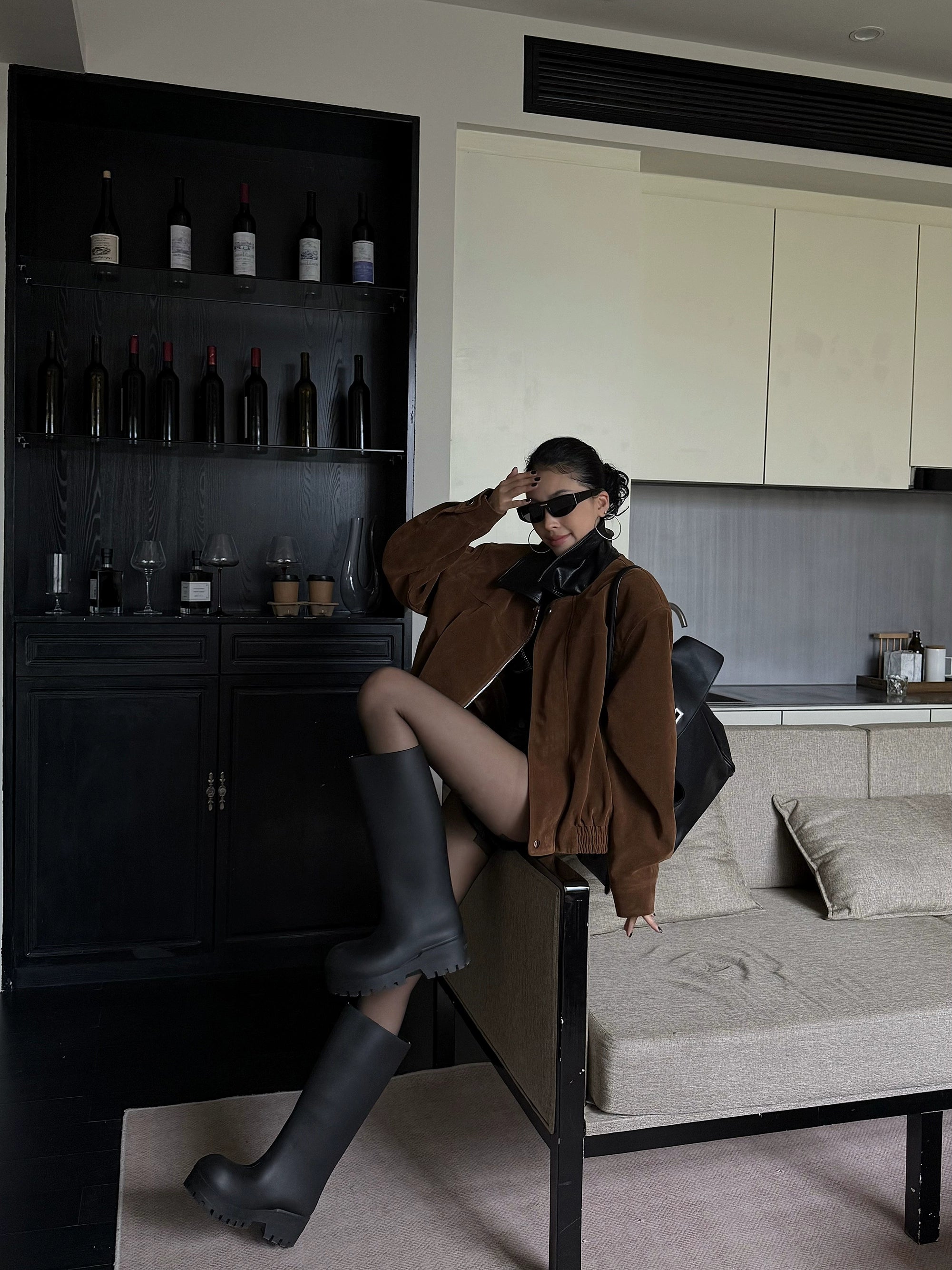 野生zero 拼色复古翻领皮衣女秋季新款美式短款宽松长袖夹克上衣