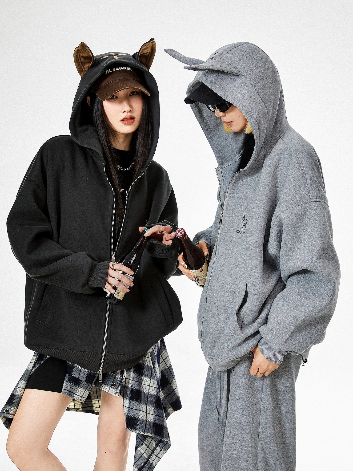 ICH MODE 美式复古杜宾犬连帽开衫外套女秋百搭休闲上衣宽松卫衣