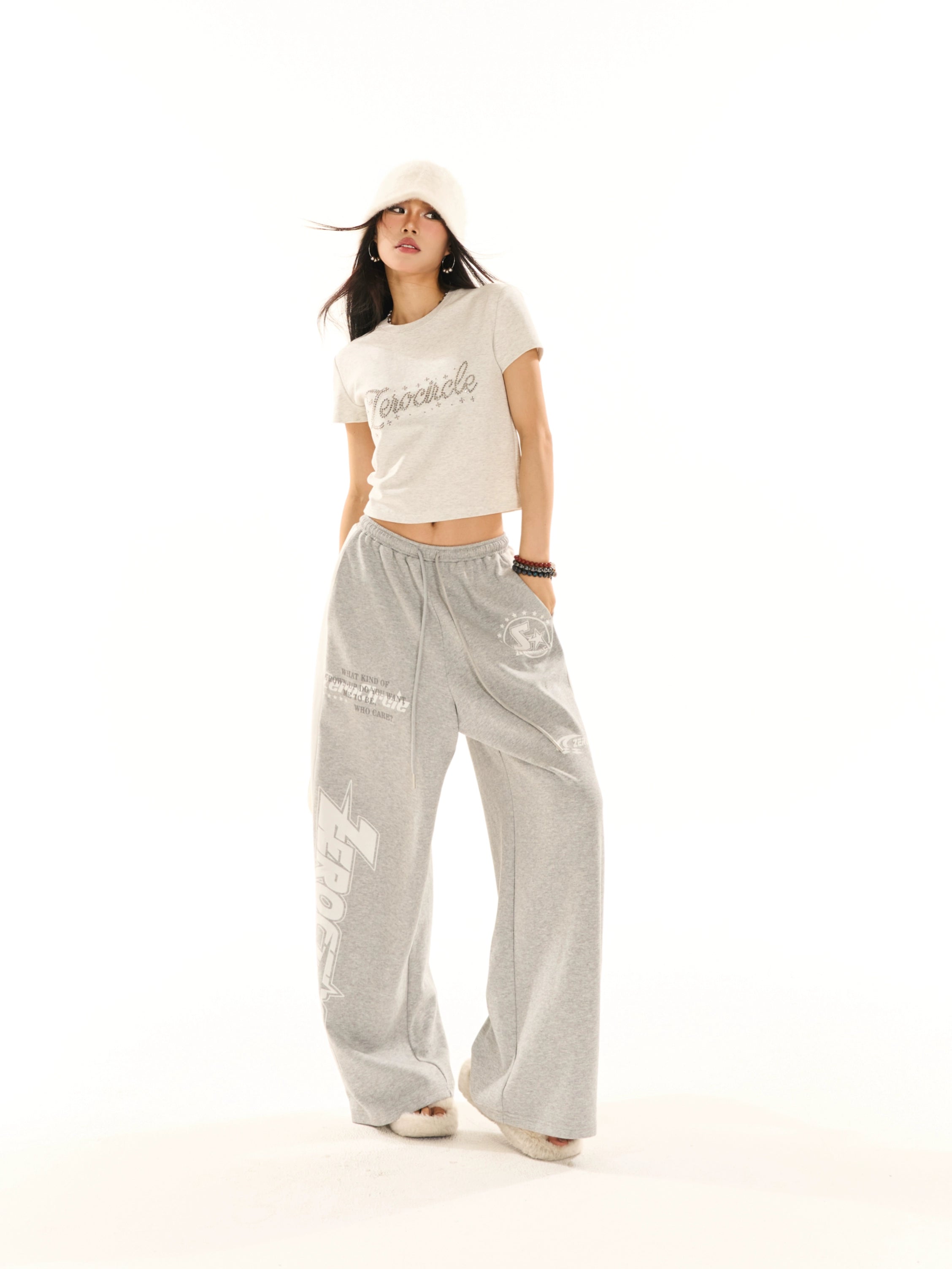 野生zerocircle 灰白色正肩短袖烫钻t恤女夏季多巴胺辣妹显瘦上衣