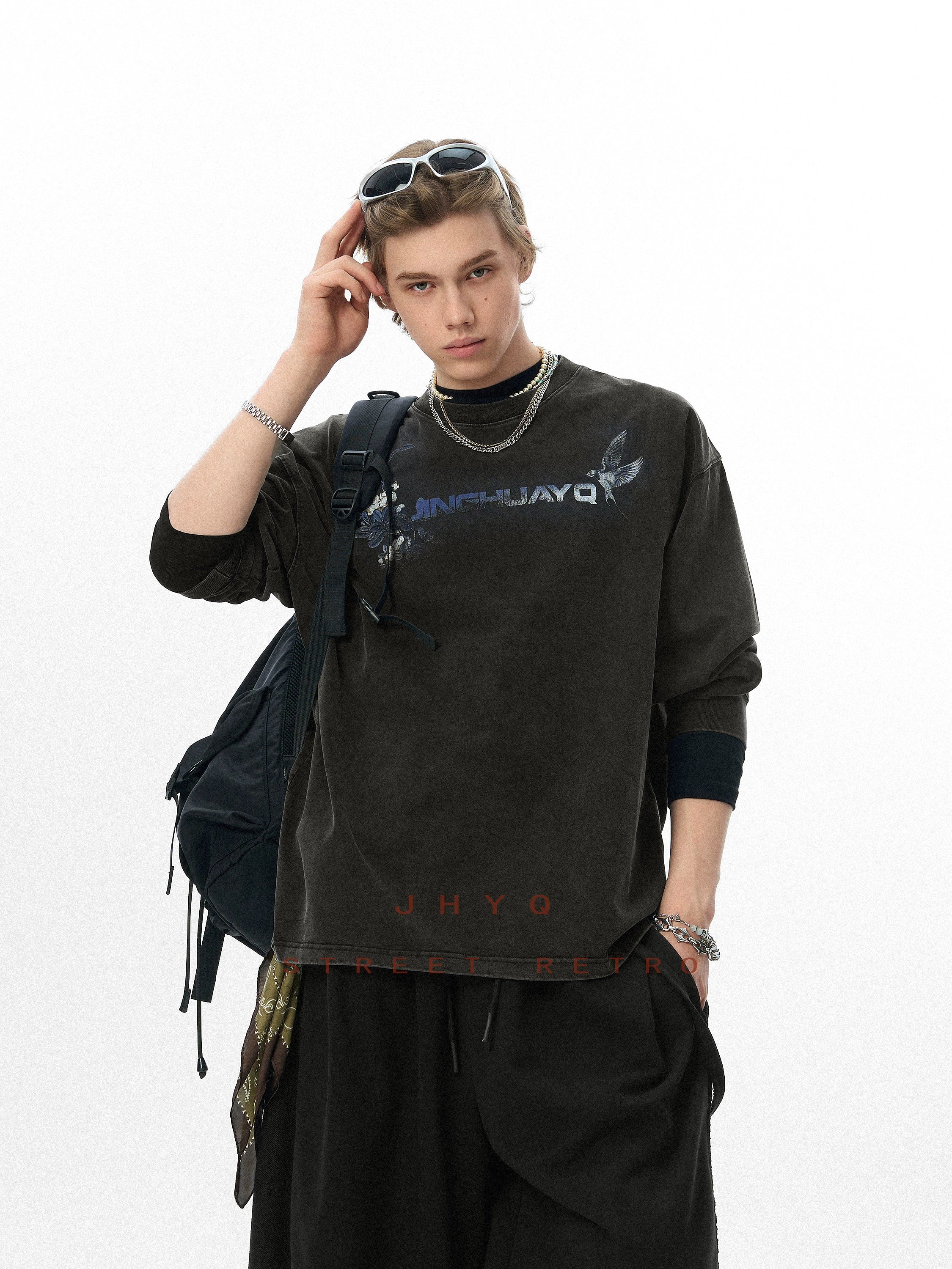 花鸟之语丨JHYQ美式复古水洗320重磅长袖T恤男士字母做旧印花卫衣