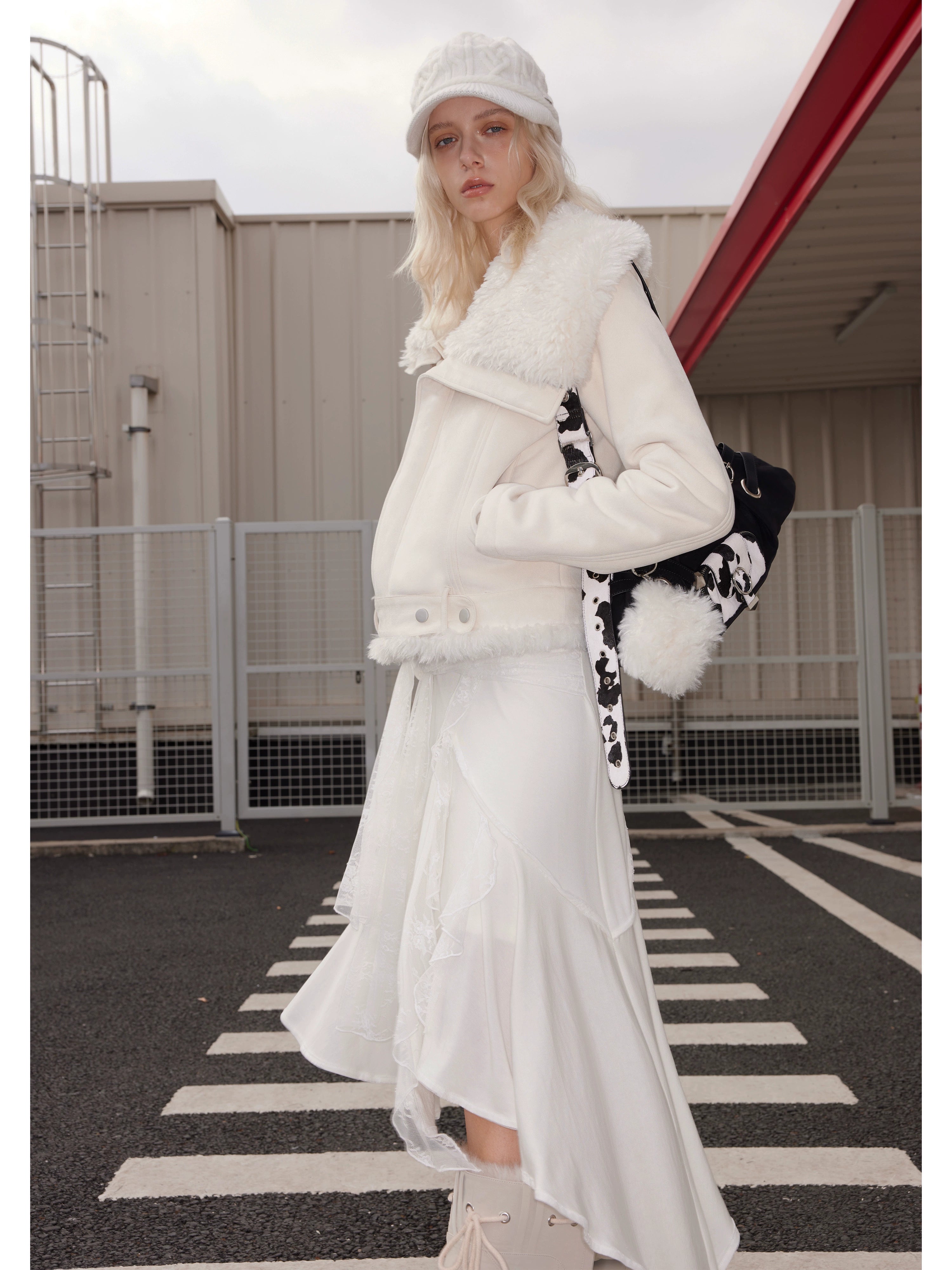 2th Desire不对称毛绒翻领皮毛一体外套加绒加厚短款修身机车夹克