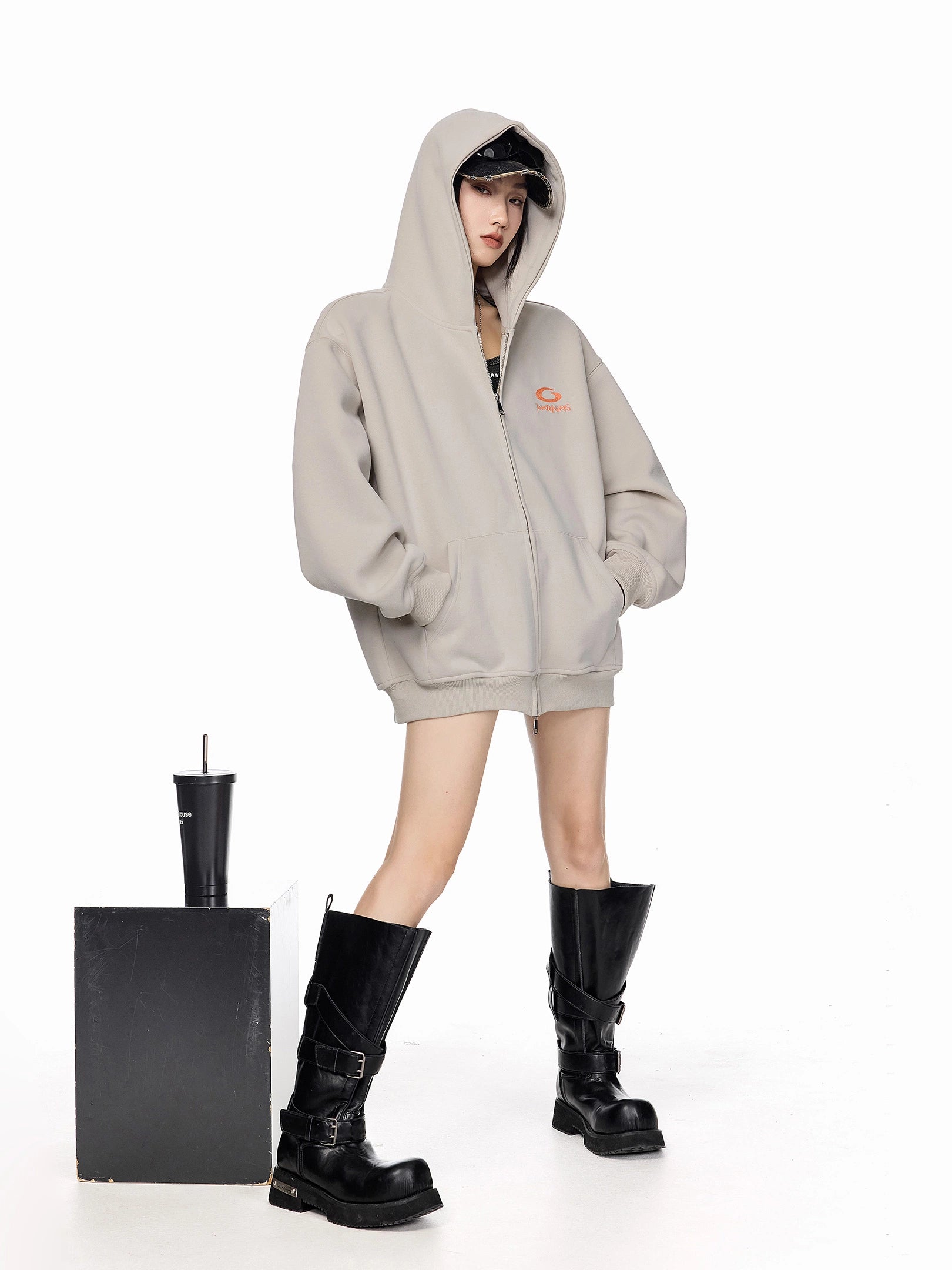 ICH MODE 美式复古刺绣连帽外套女秋冬宽松开衫卫衣休闲百搭上衣