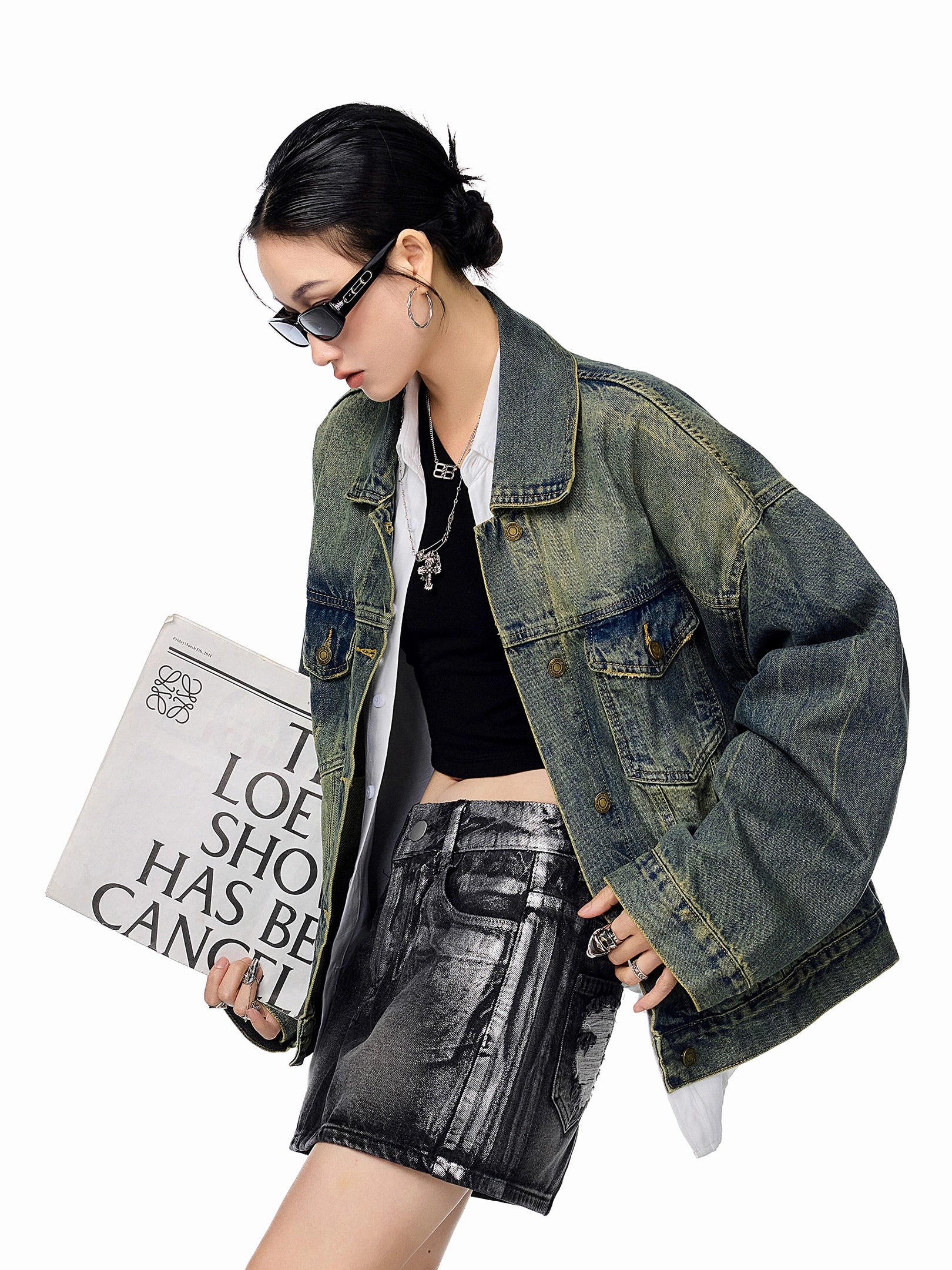 ICH MODE 美式复古水洗牛仔外套女2025新款秋季宽松夹克短上衣潮