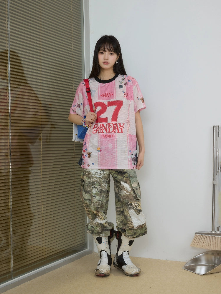 “纪念日”| eeee粉色日历条纹贴纸运动风球衣复古撞色短袖T恤夏