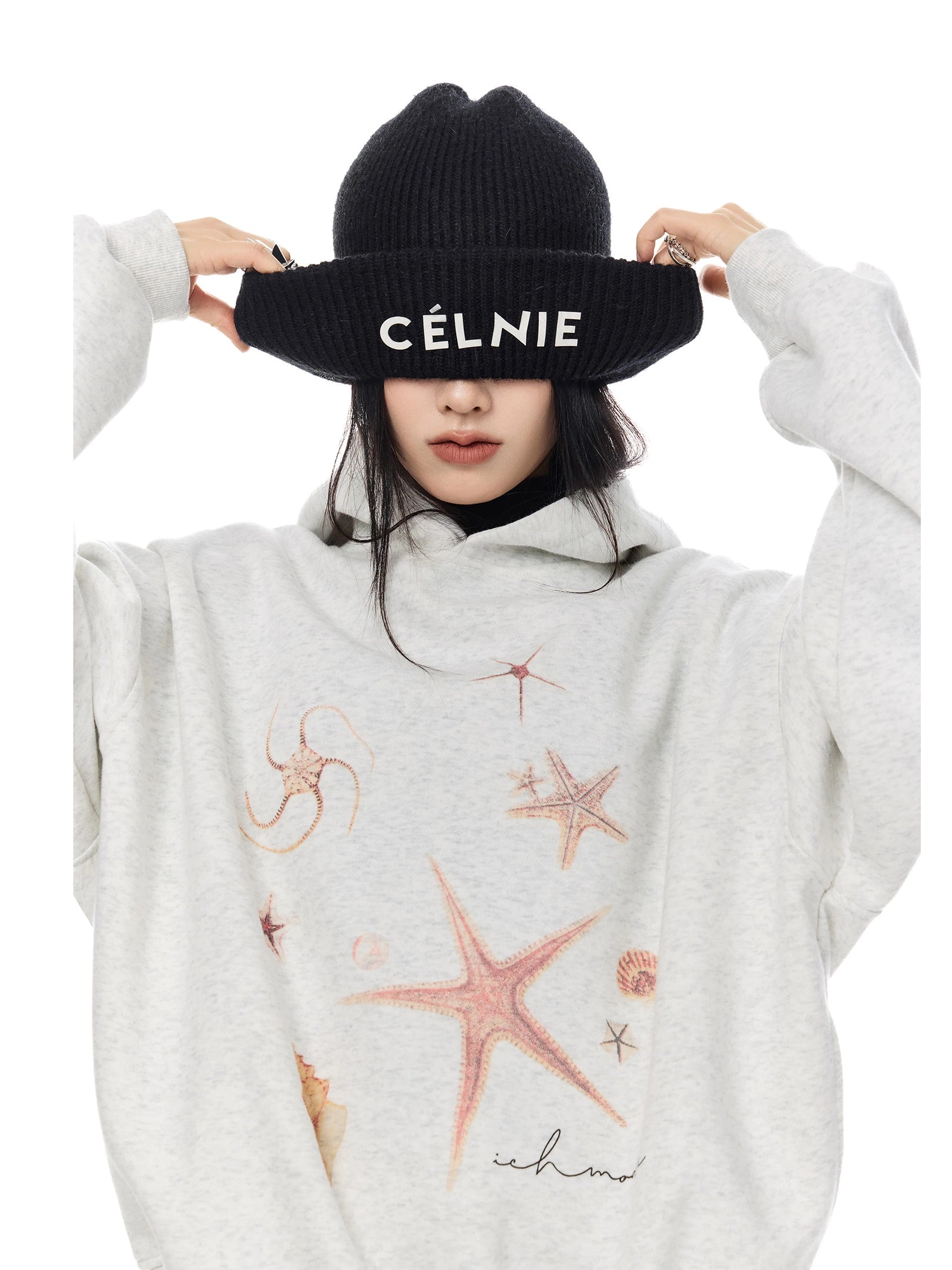 ICH MODE 美式复古海星连帽卫衣女秋冬新款重磅帽衫宽松运动上衣