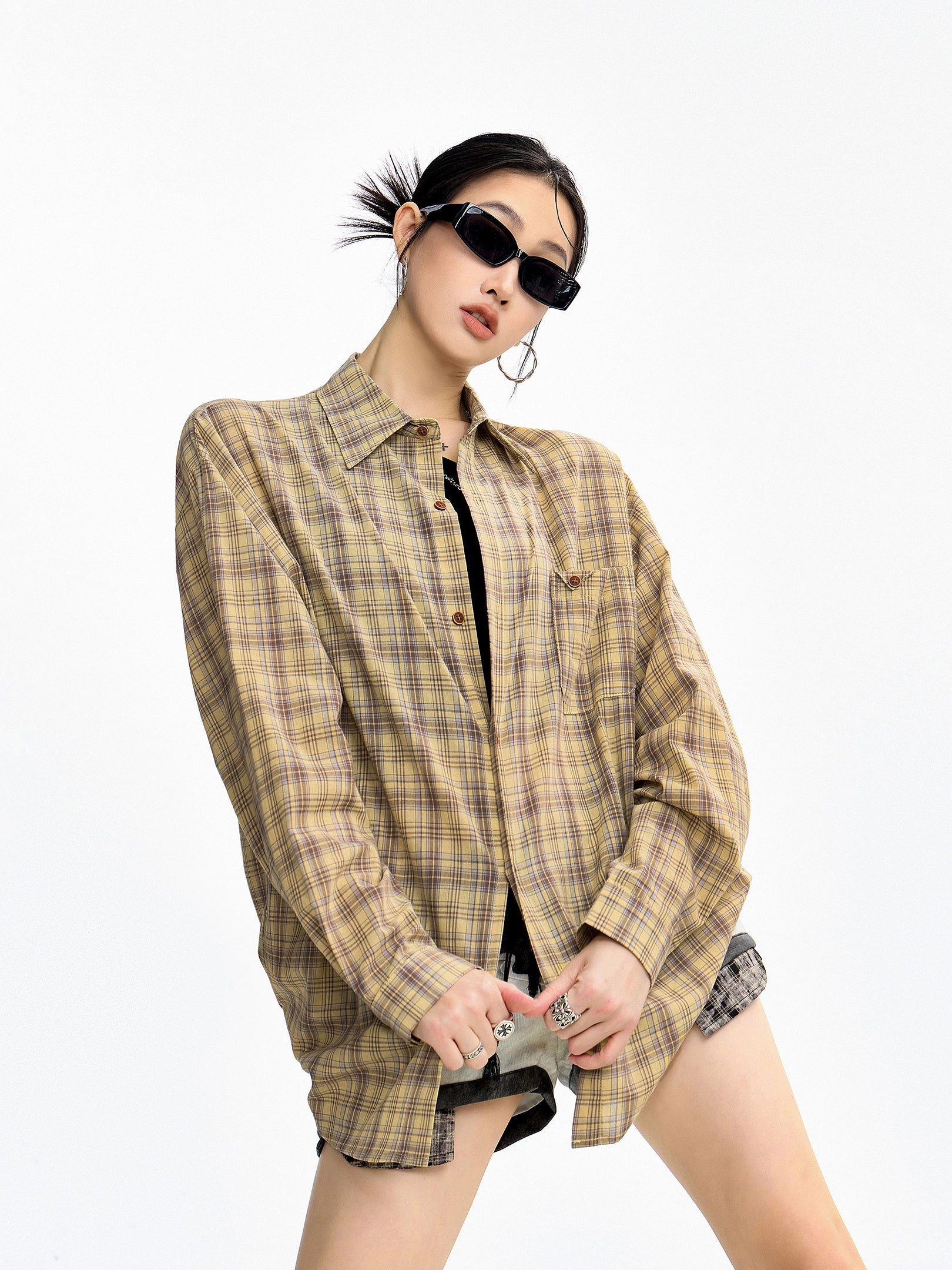 ICH MODE 美式复古格子长袖衬衫女夏季新款百搭休闲衬衣外套上衣