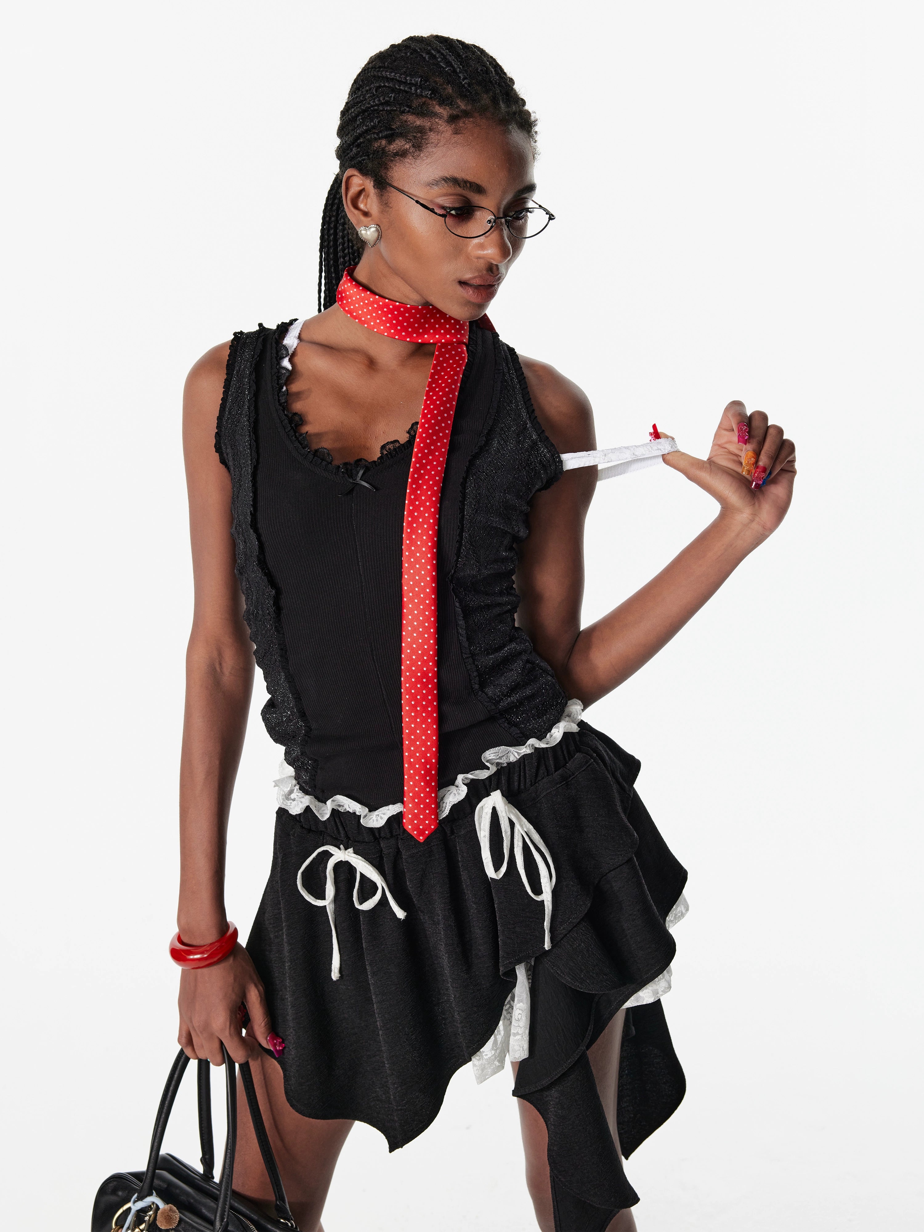 2th Desire芭蕾风少女蛋糕裙不规则撞色蕾丝花边抽绳短裙半身裙女