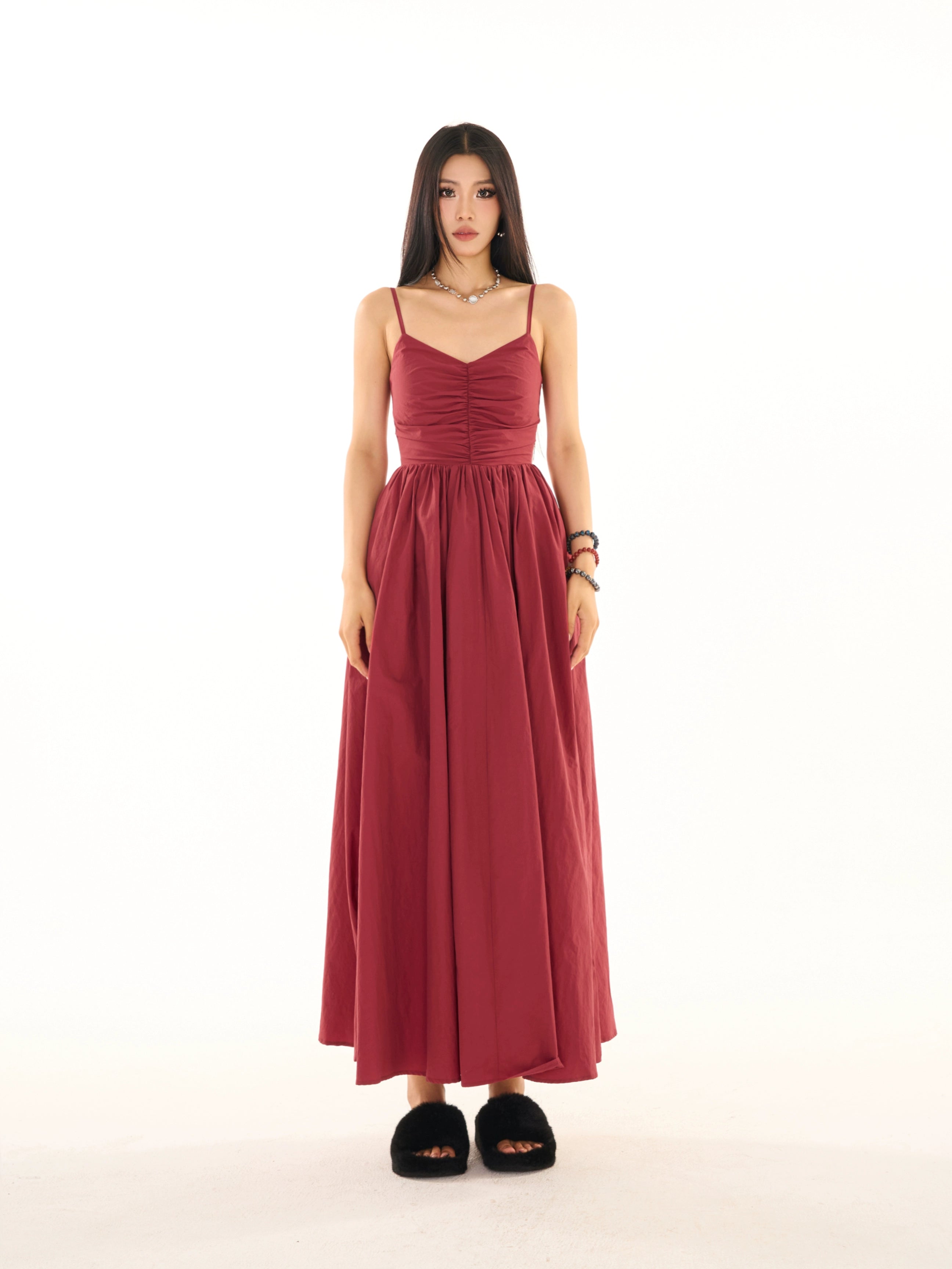 野生zerocircle黑红色v领露背吊带连衣裙女夏季辣妹显瘦a字长裙子