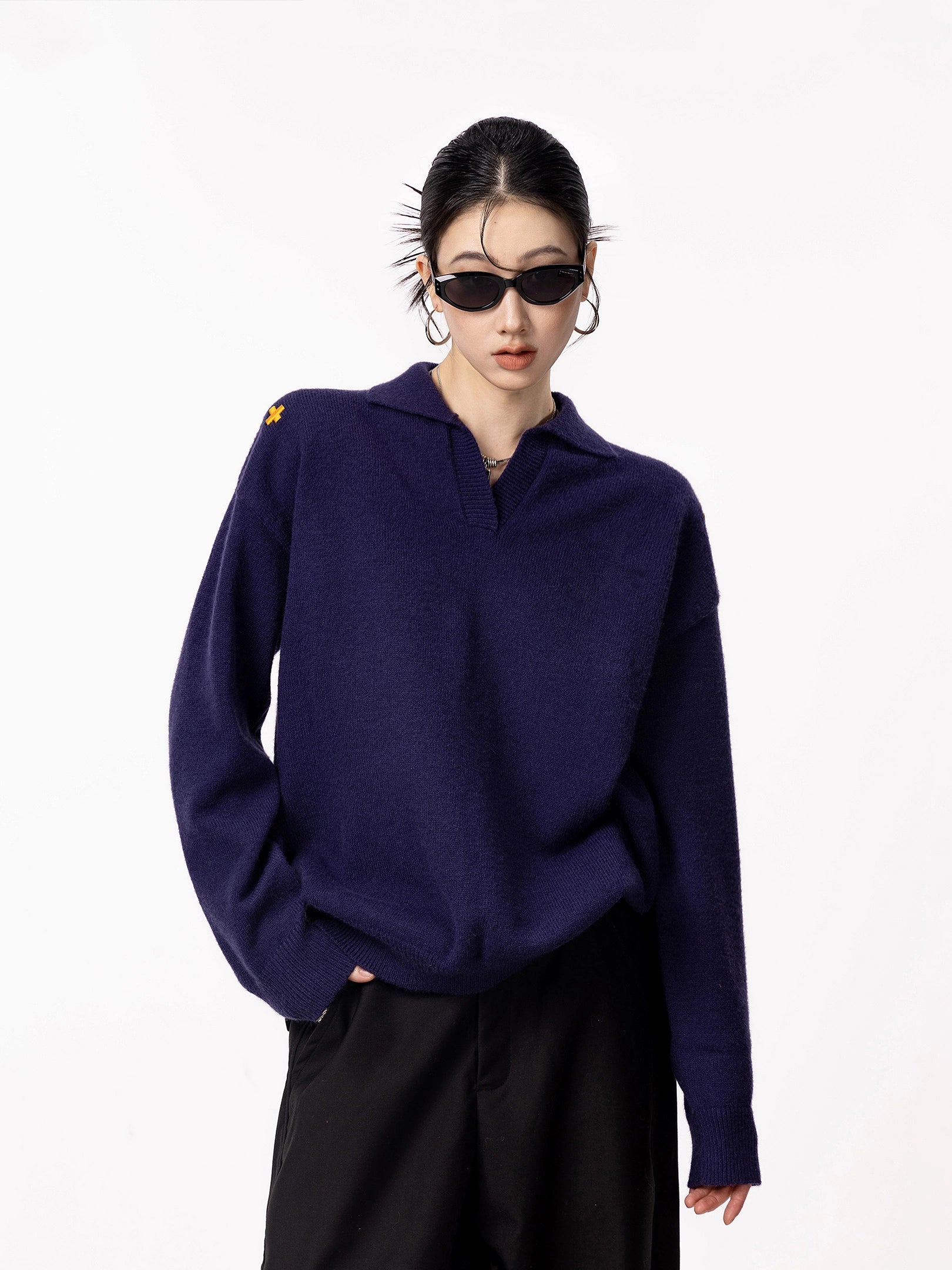 ICH MODE 美式V领套头毛衣外套女秋冬季新款休闲慵懒毛针织衫上衣