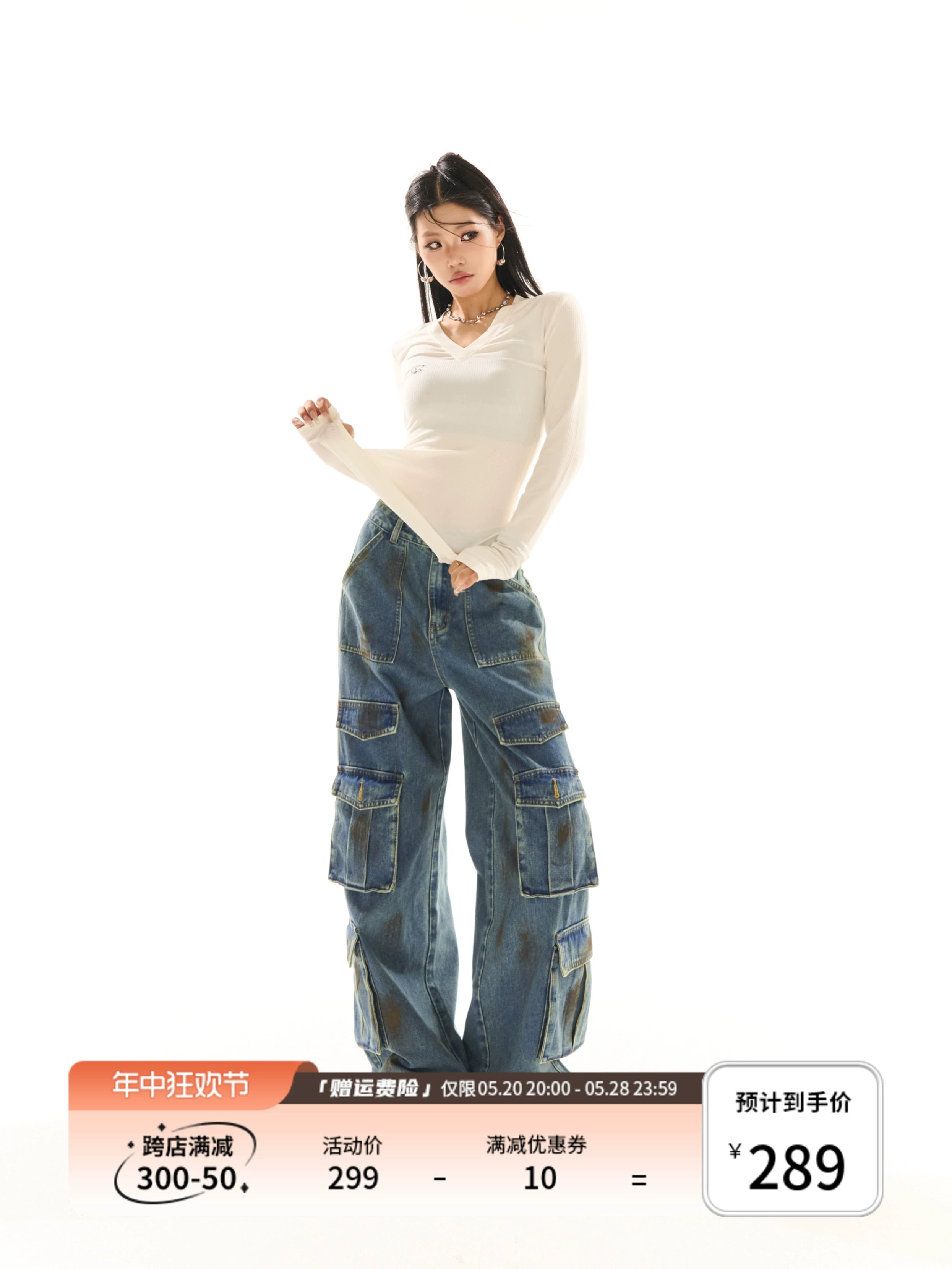 野生zerocircle复古蓝做旧工装牛仔裤女春宽松直筒阔腿设计感裤子