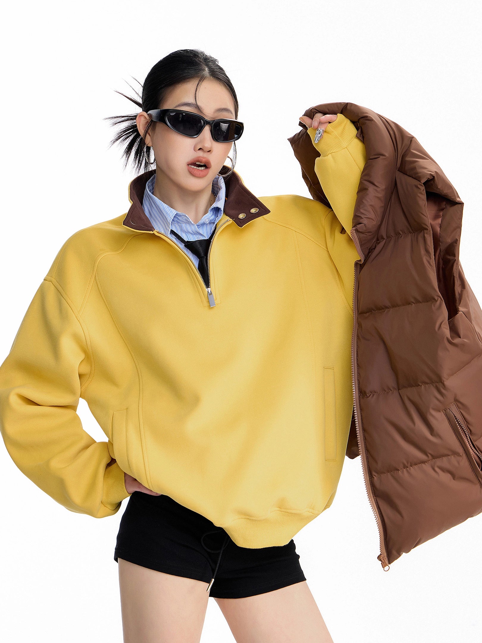 ICH MODE 美式复古撞色立领卫衣女2025新款秋冬季半拉链上衣外套