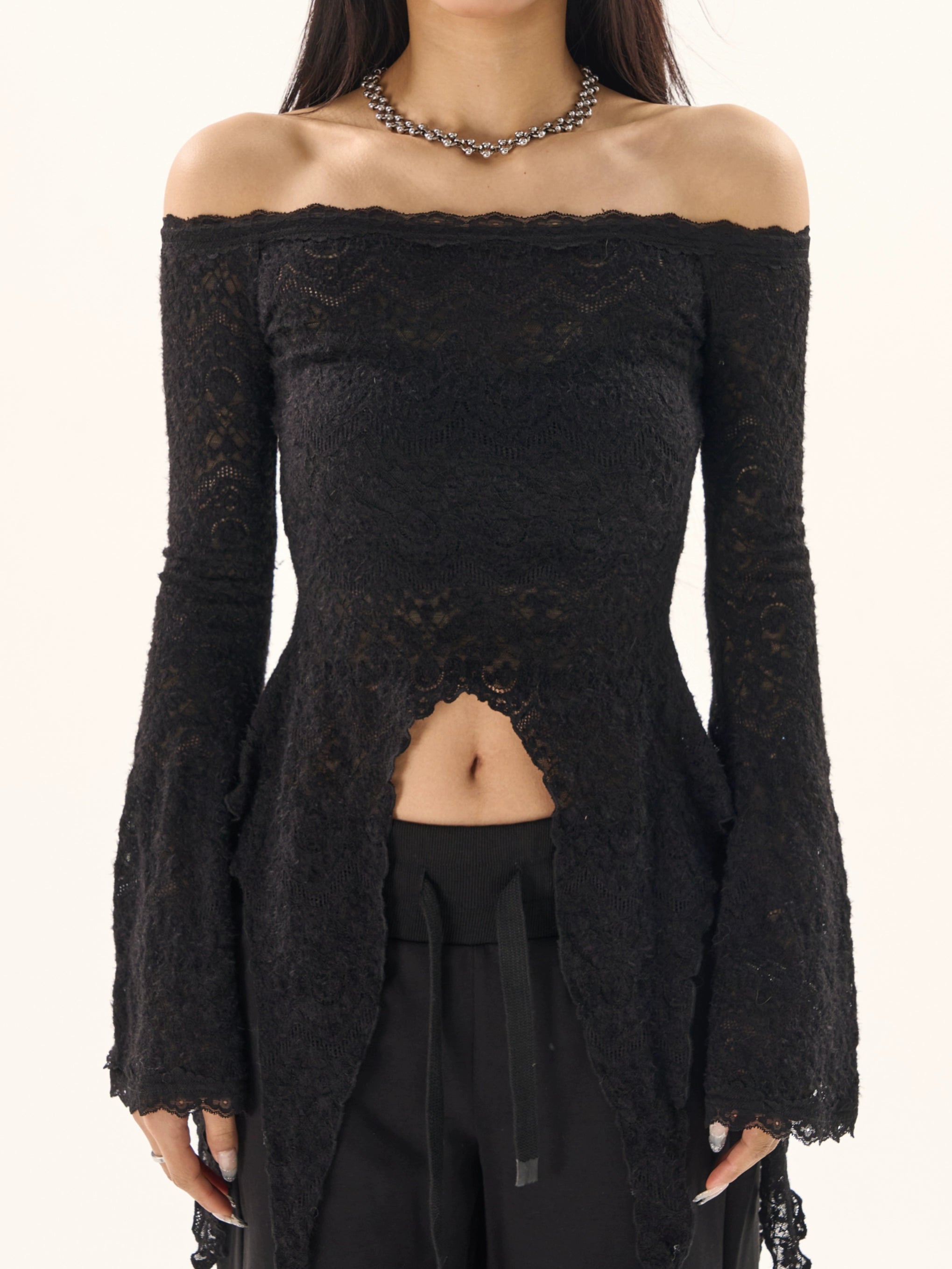 野生zerocircle黑色中长款修身蕾丝衫女春季辣妹喇叭袖一字肩上衣
