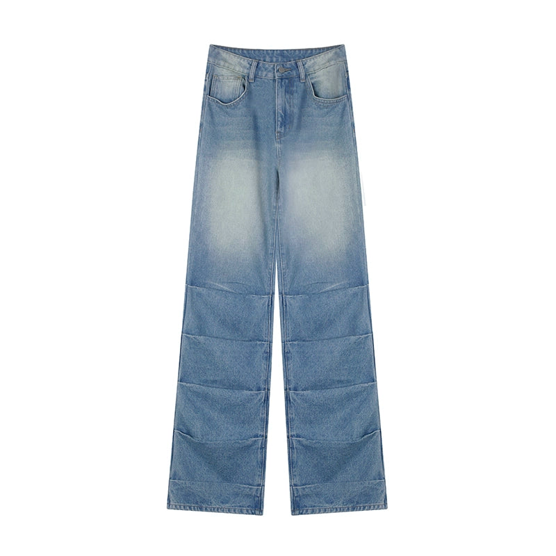 野生zerocircle微喇水洗褶皱牛仔裤女春夏显瘦直筒设计感小众裤子