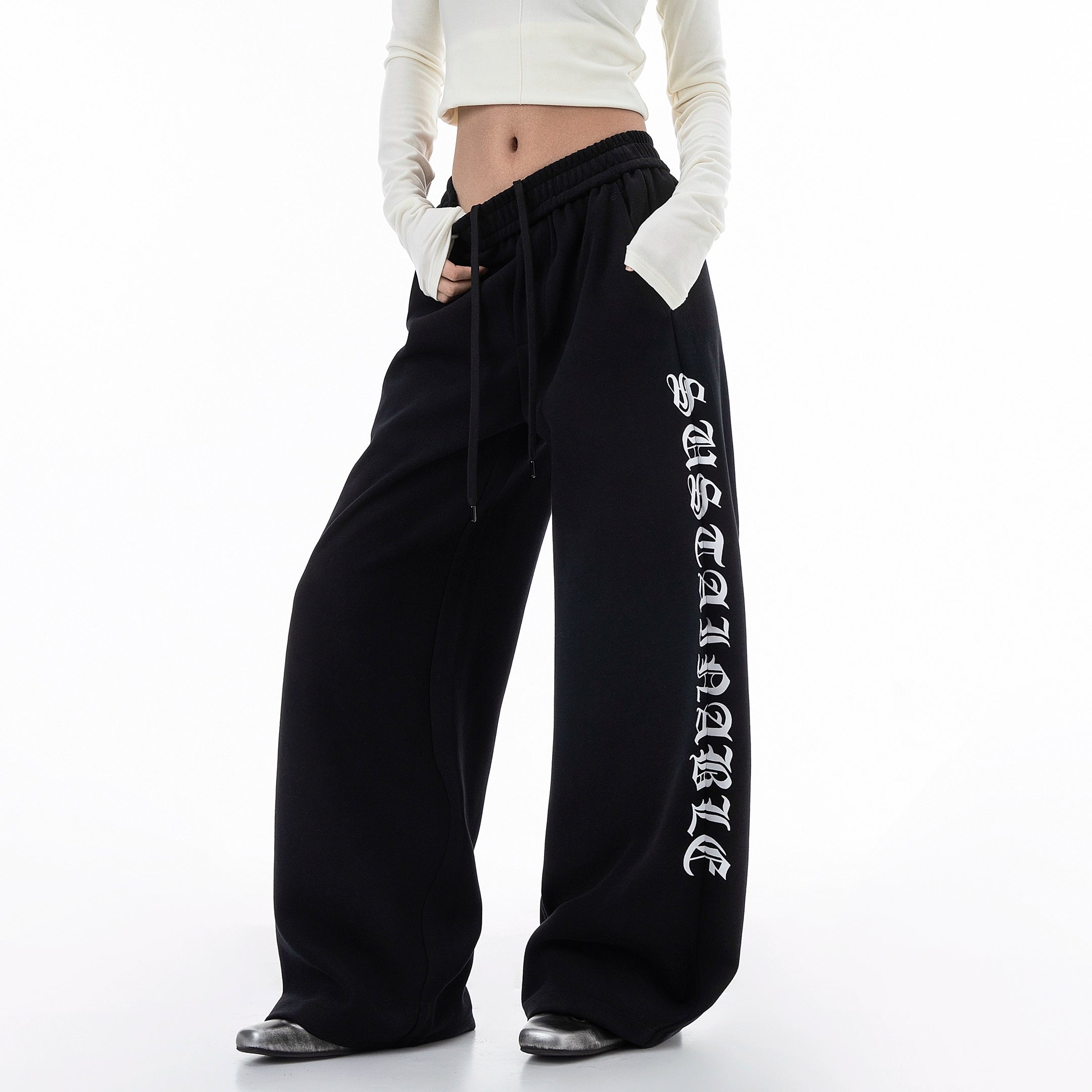 ICH MODE 美式复古印花休闲裤女宽松直筒裤子百搭阔腿运动裤卫裤