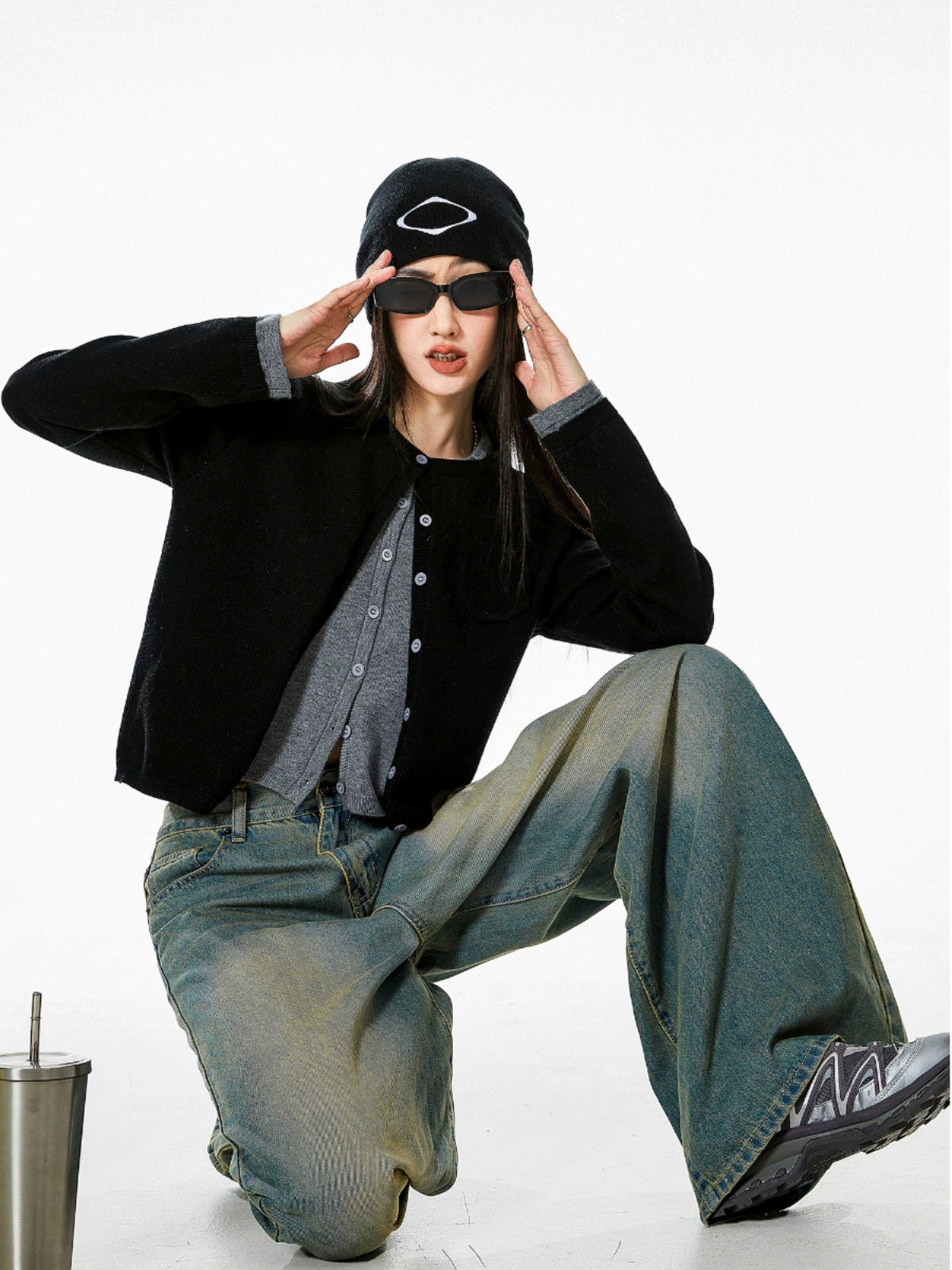 ICH MODE 美式复古假两件针织开衫女秋冬毛衣外套打底衫长袖上衣