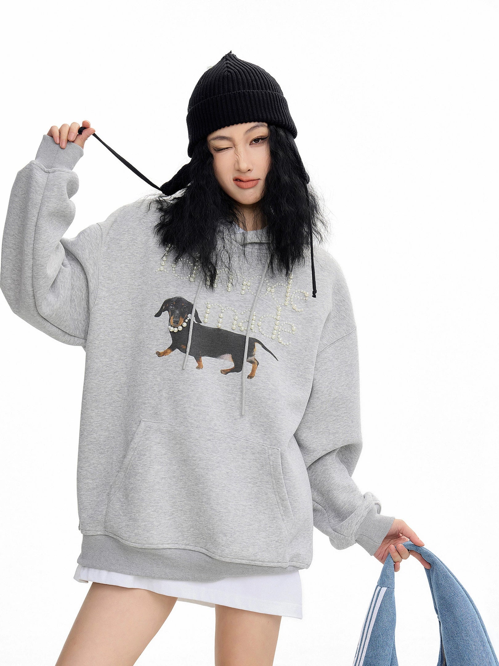 ICH MODE 美式复古珍珠连帽卫衣女秋冬新款宽松休闲百搭上衣外套