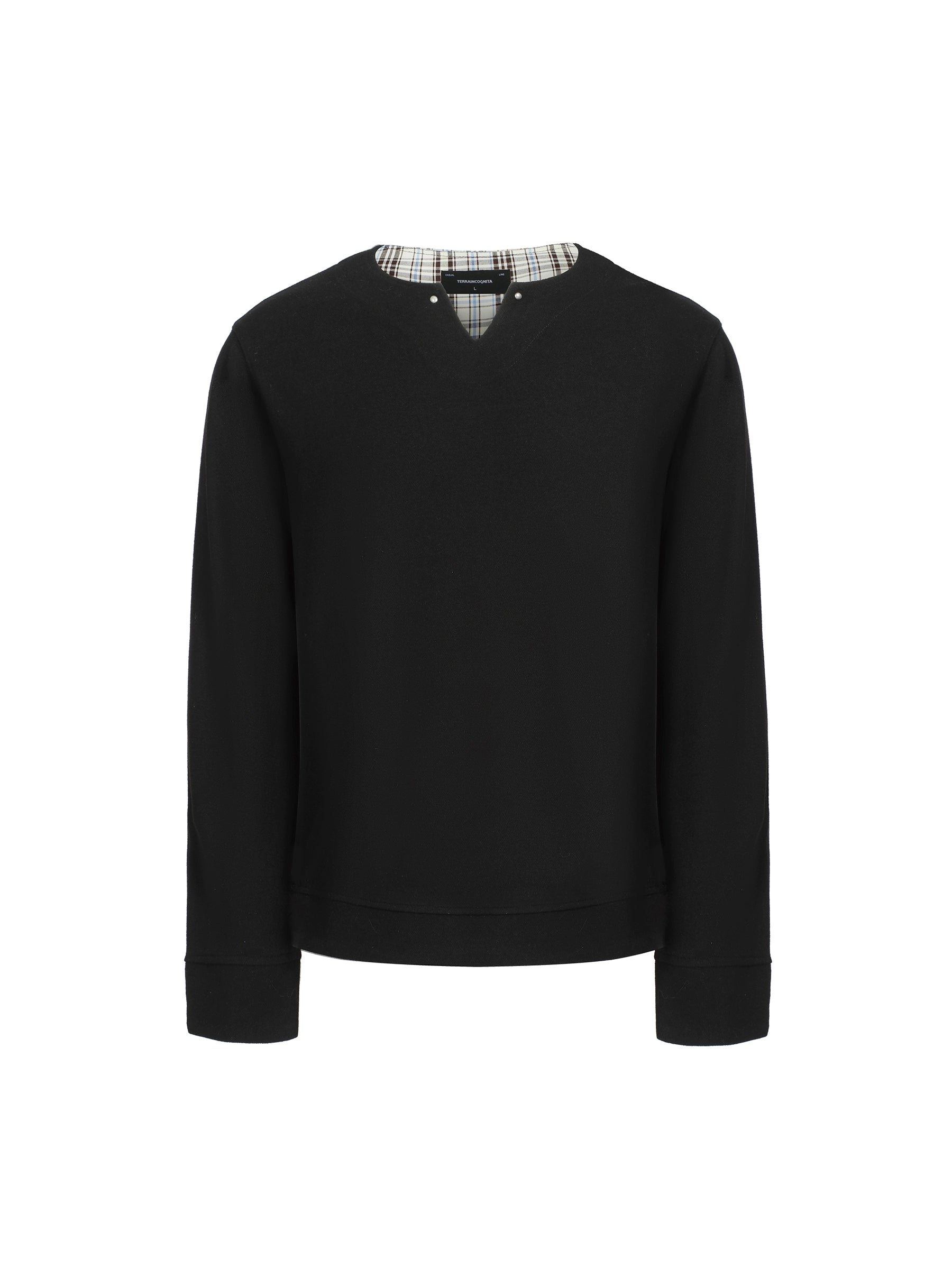 双色V领格纹拼接长袖T恤打底日常通勤搭配TERRAINCOGNITA25SS