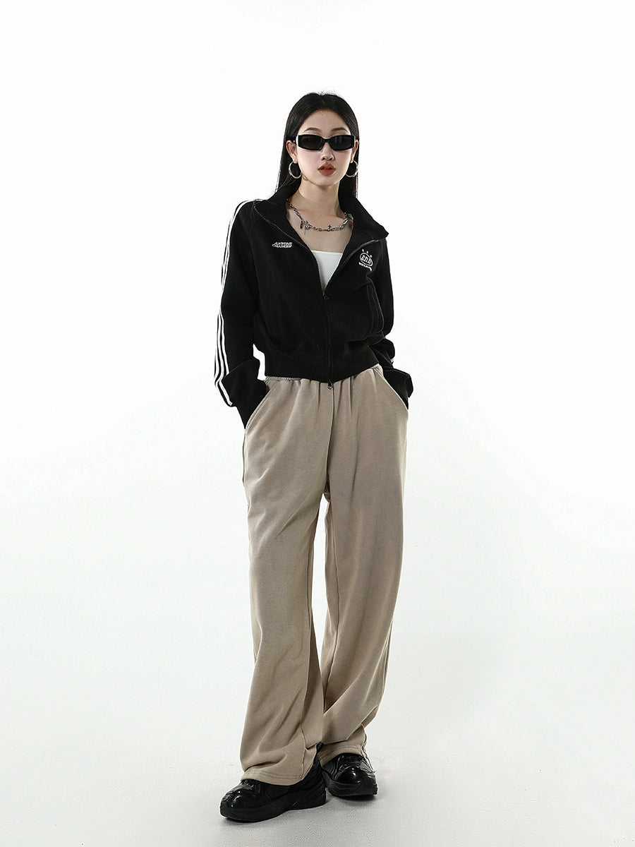 ICH MODE 美式修身短款黑色外套女2025新款秋冬运动连帽卫衣开衫