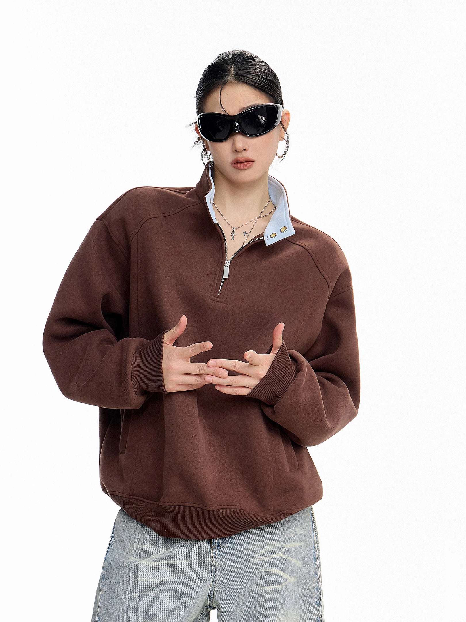 ICH MODE 美式复古撞色立领卫衣女2025新款秋冬季半拉链上衣外套