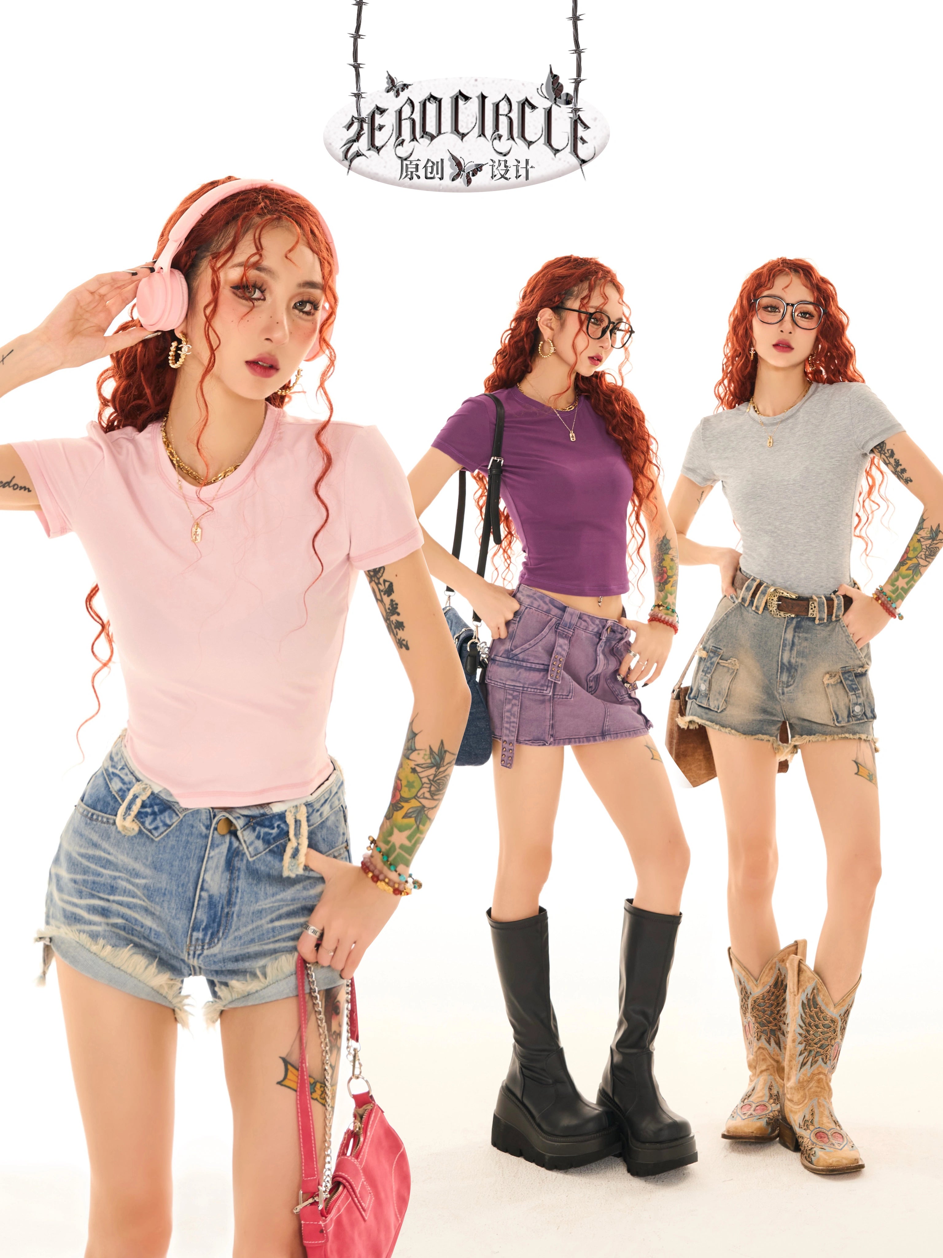 野生zerocircle 紫粉灰色正肩t恤女夏多巴胺辣妹修身显瘦短款上衣