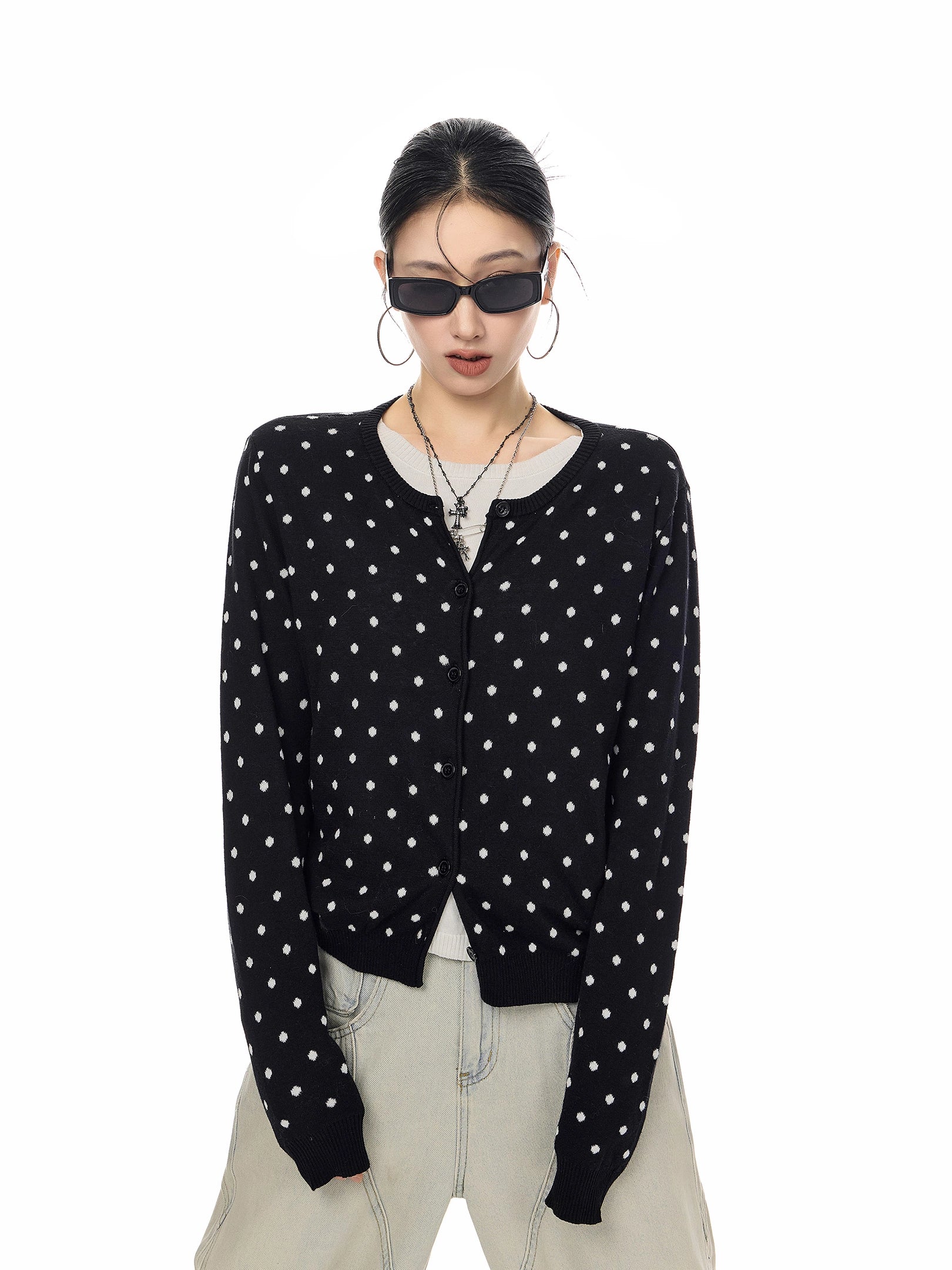 ICH MODE 美式复古修身波点针织开衫女2025新款秋冬慵懒毛衣外套