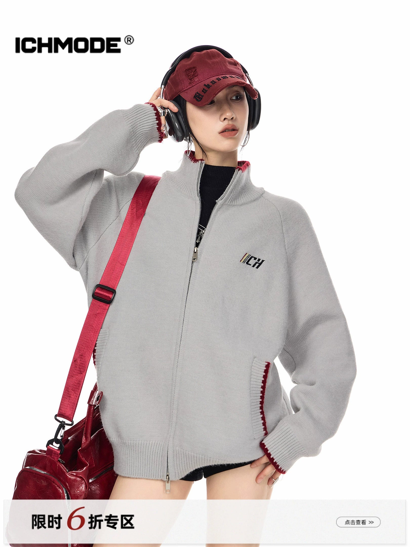 ICH MODE 美式复古撞色立领毛针织开衫女秋冬季宽松慵懒毛衣外套