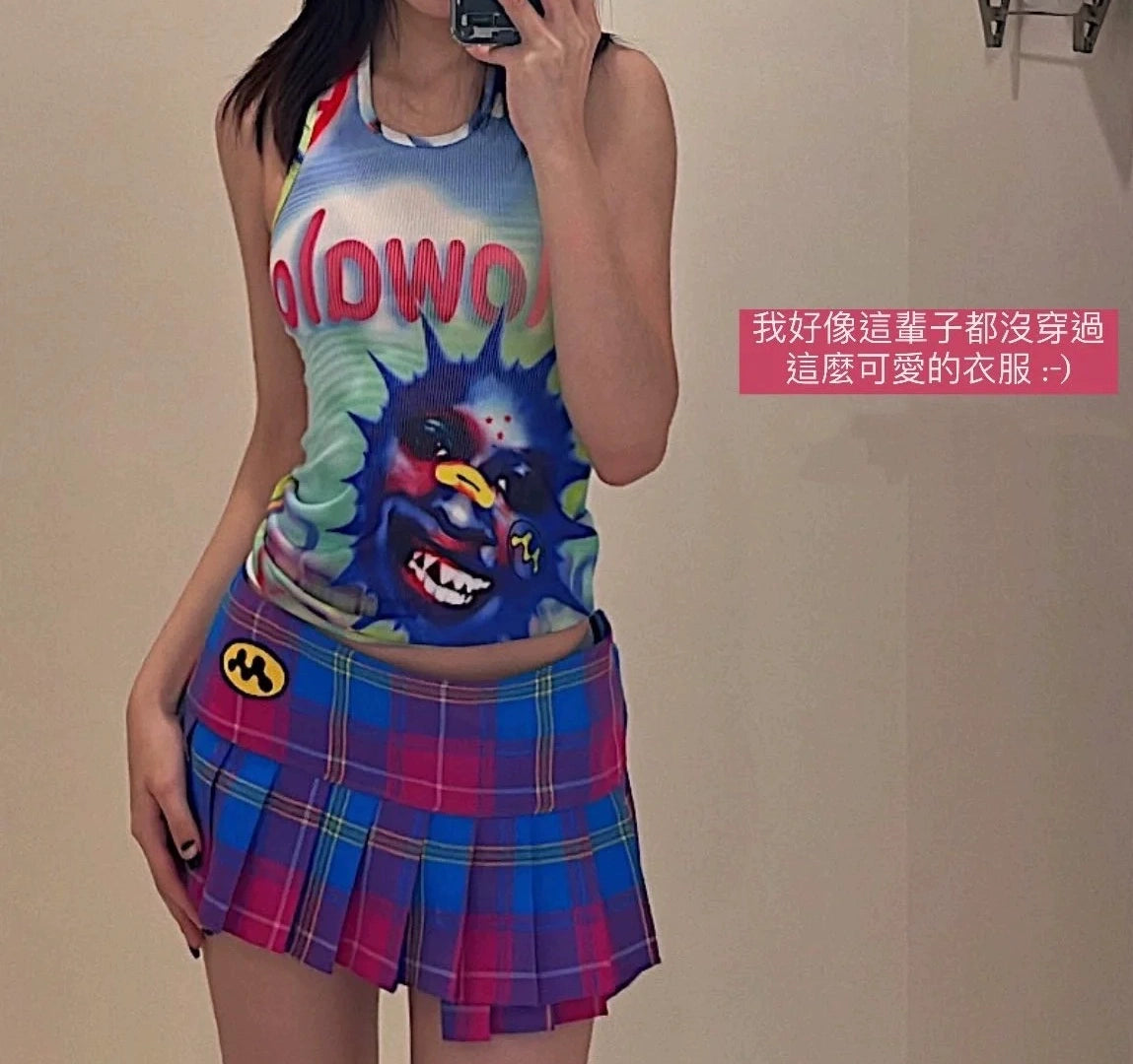 (晚安安)现货mowalola多文化辣妹格纹/皮裙 百褶裙 腰部可调节