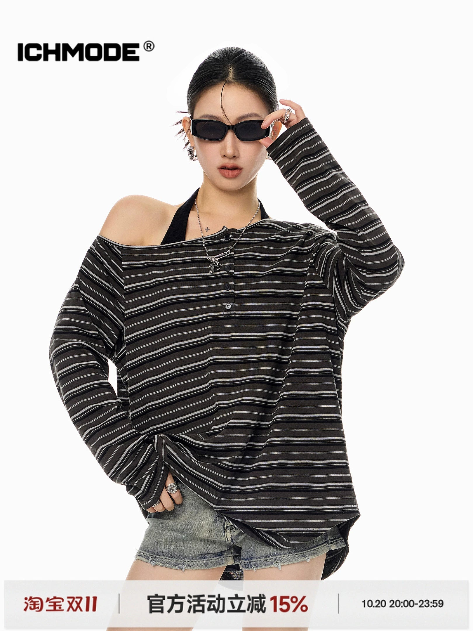 ICH MODE 美式复古斜肩T恤女2025新款秋冬露肩长袖宽松一字肩上衣