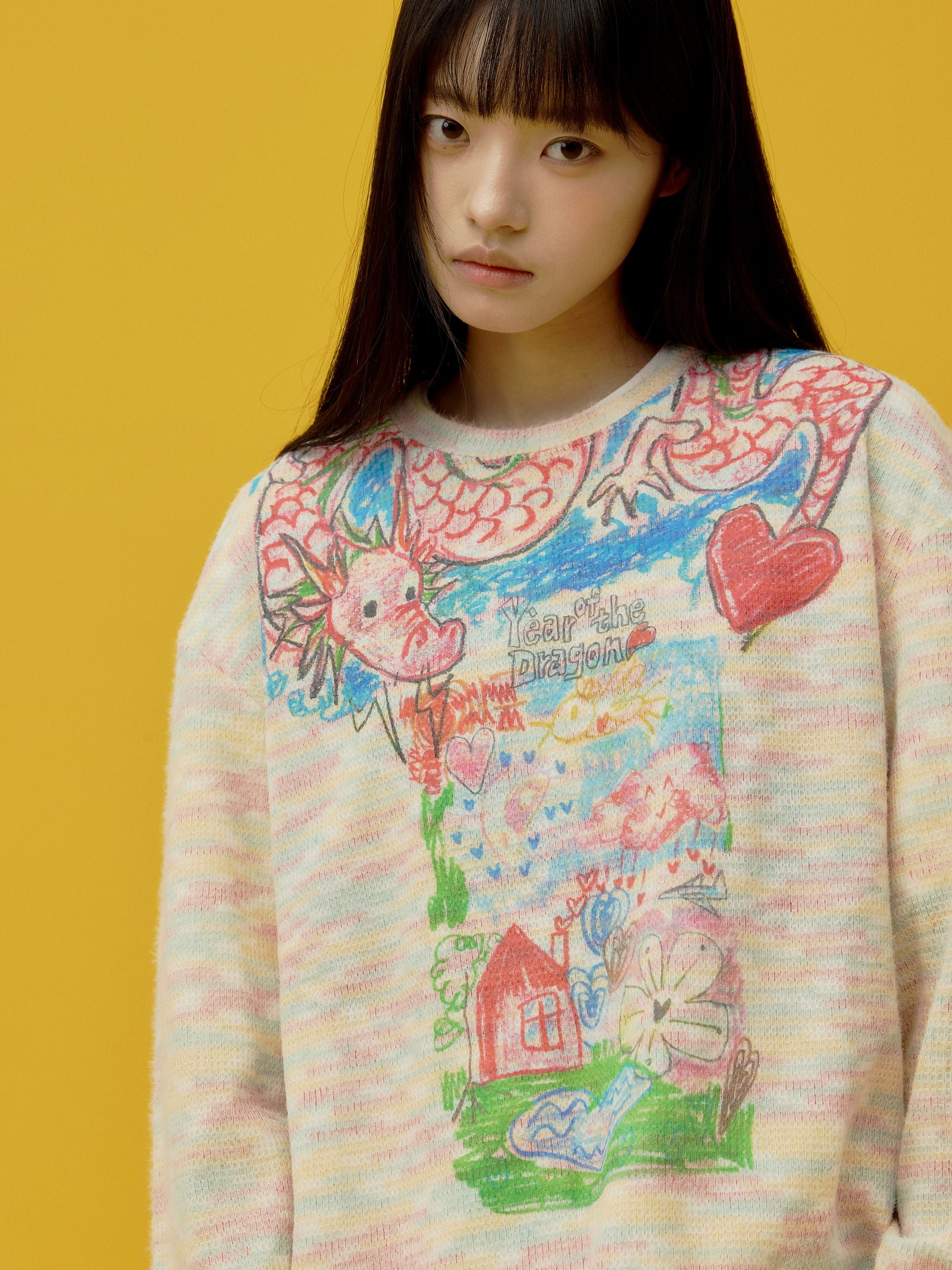 eeeeArtmonster“过肩龙”彩虹色长袖T恤打底上衣圆领套头针织衫