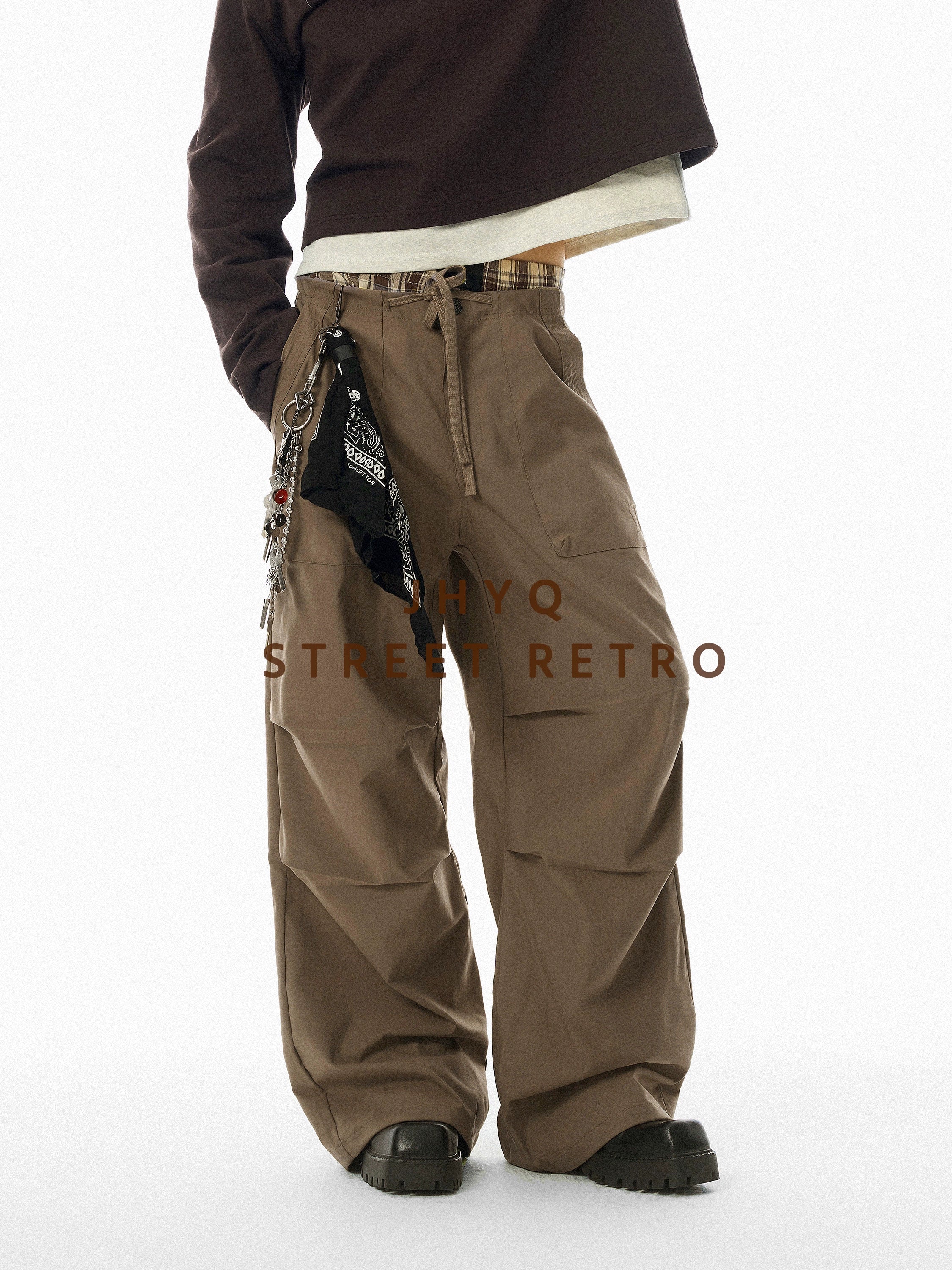 【限时特价】JHYQ春秋美式褶皱伞兵工装裤男潮牌宽松可束脚休闲裤