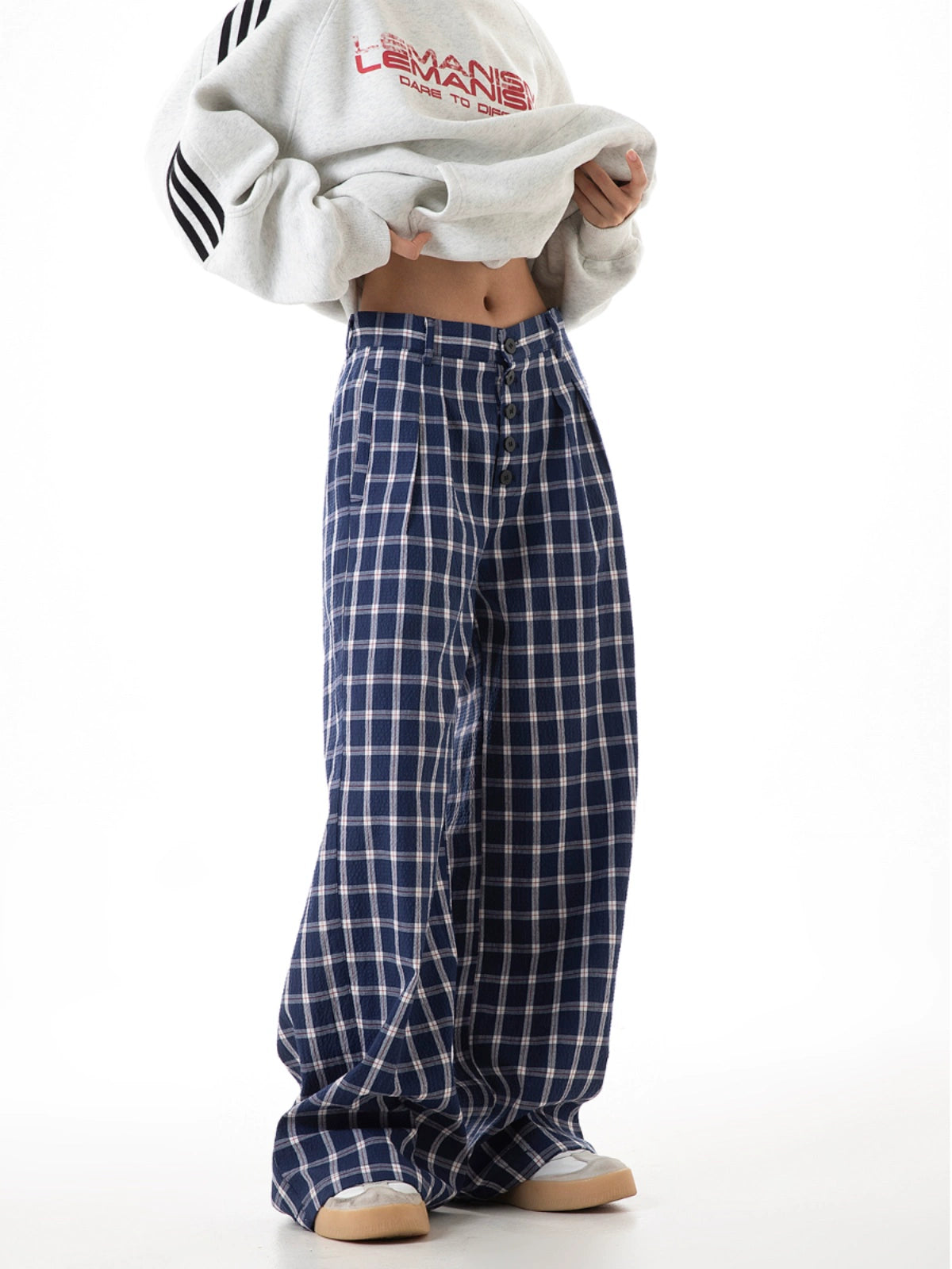 ICH MODE 美式复古格子裤女2025新款秋宽松阔腿裤直筒休闲裤子