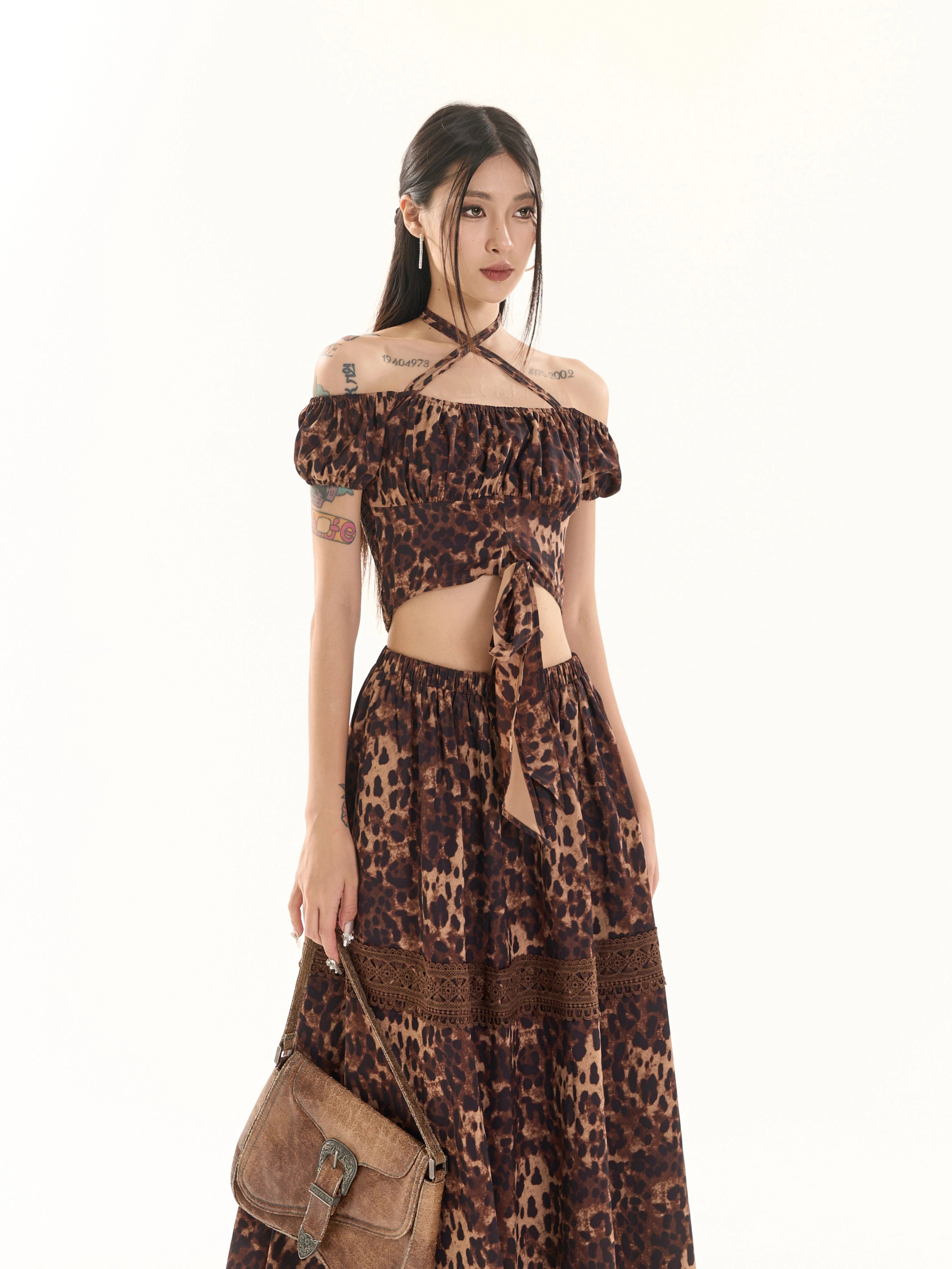 野生zero 辣妹套装裙女夏一字肩泡泡袖挂脖短款小衫上衣a字长裙子