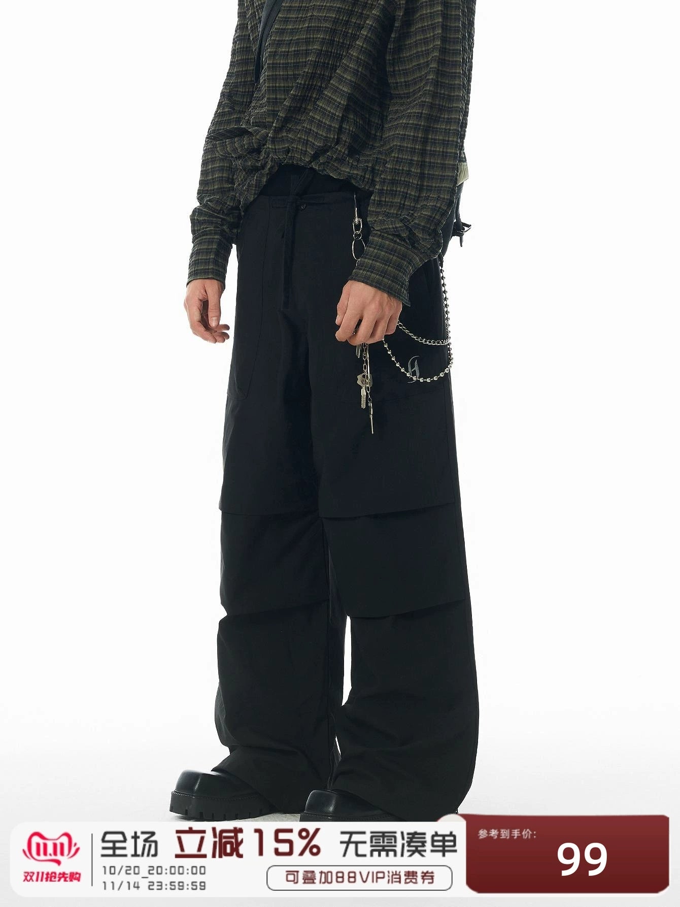 【限时特价】JHYQ春秋美式褶皱伞兵工装裤男潮牌宽松可束脚休闲裤