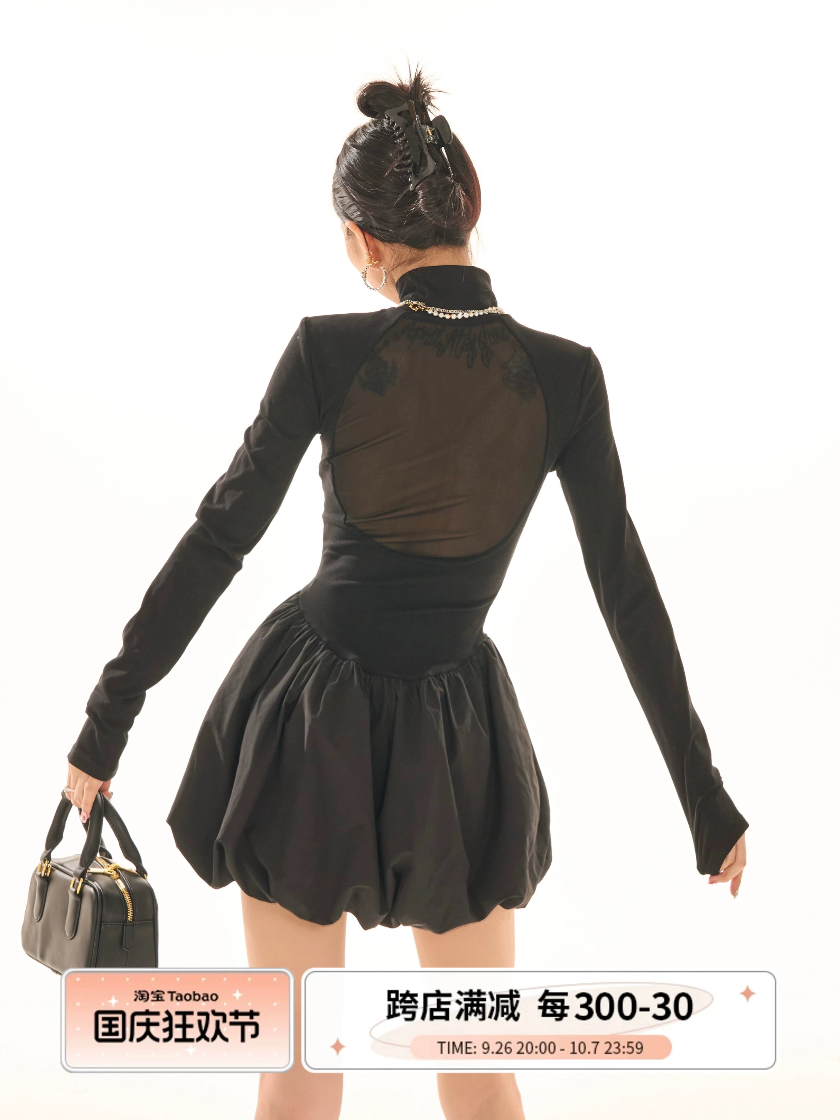 野生zerocircle黑色半高领长袖连衣裙女春秋季显瘦修身花苞短裙子