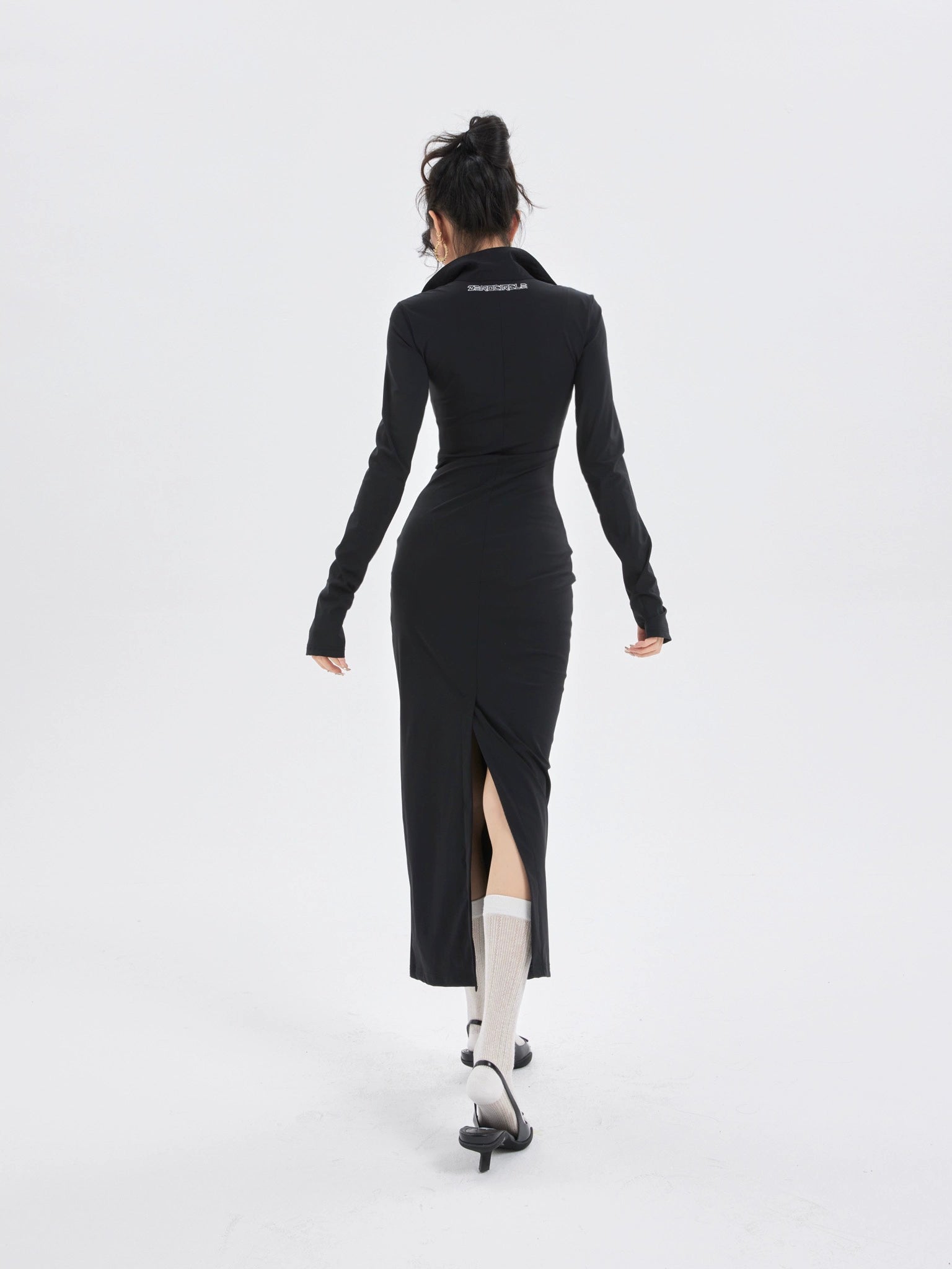 野生zerocircle黑色针织辣妹连衣裙女春收腰紧身包臀开叉中长裙子