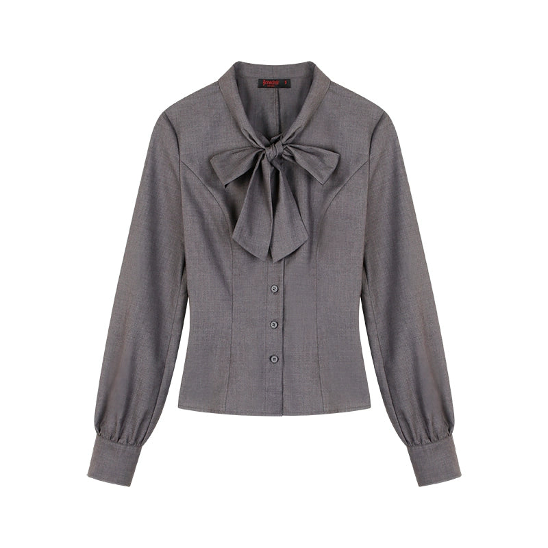 野生zerocircle灰蓝色长袖衬衫女春季修身显瘦收腰蝴蝶结绑带上衣