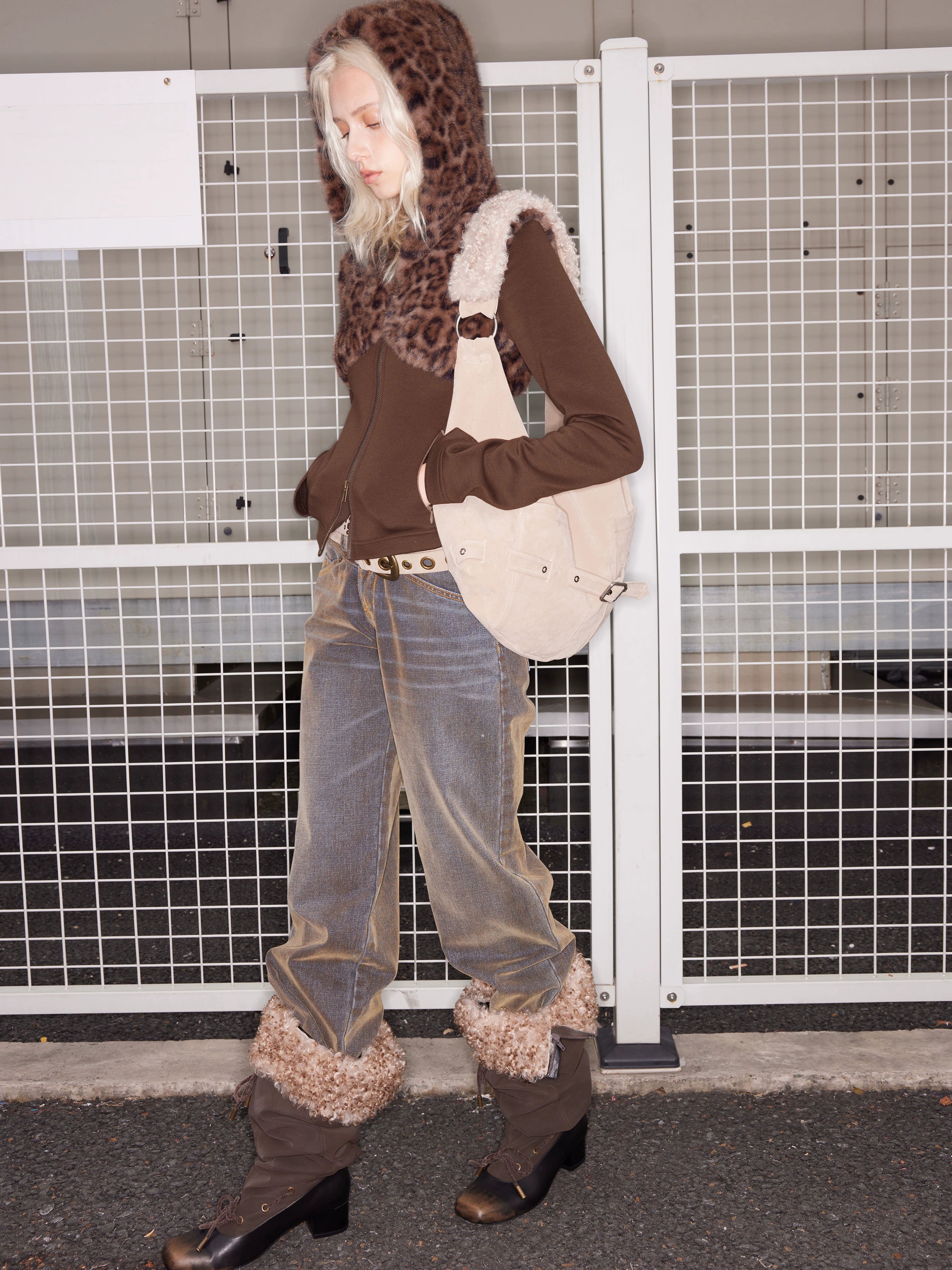 2th Desire冬日慵懒感保暖羊毛拼接连帽针织拉链翻领羊羔毛开衫女